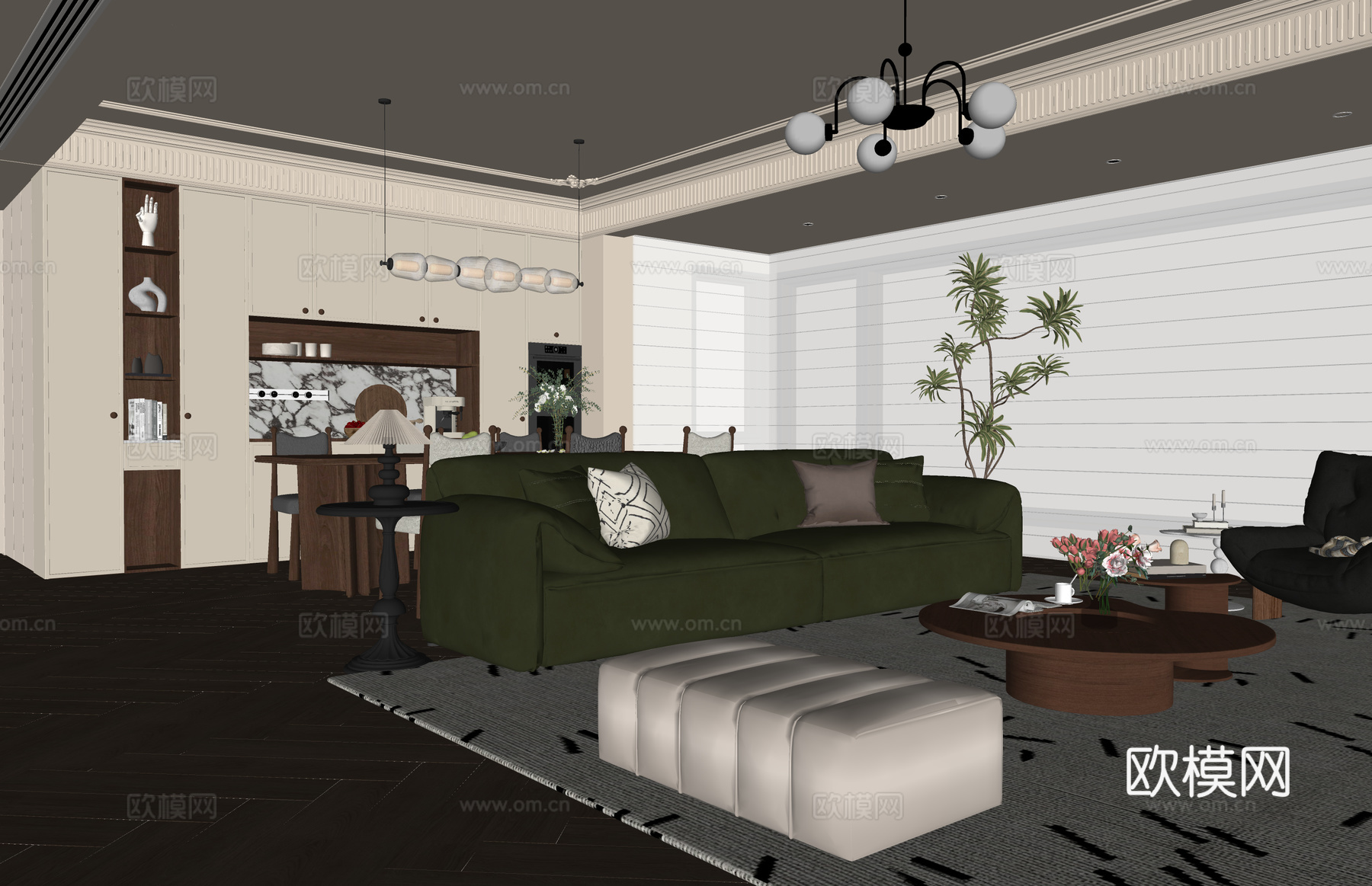 客餐厅 衣帽间 家装 客厅 阳台 茶室su模型下载（渲染图2）