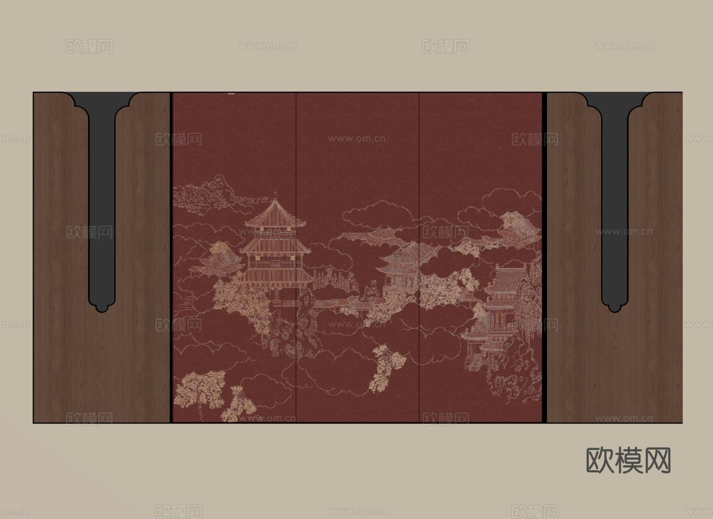 新中式沙发背景墙 楼阁故宫壁画背景墙 护墙板背景墙su模型下载（渲染图2）