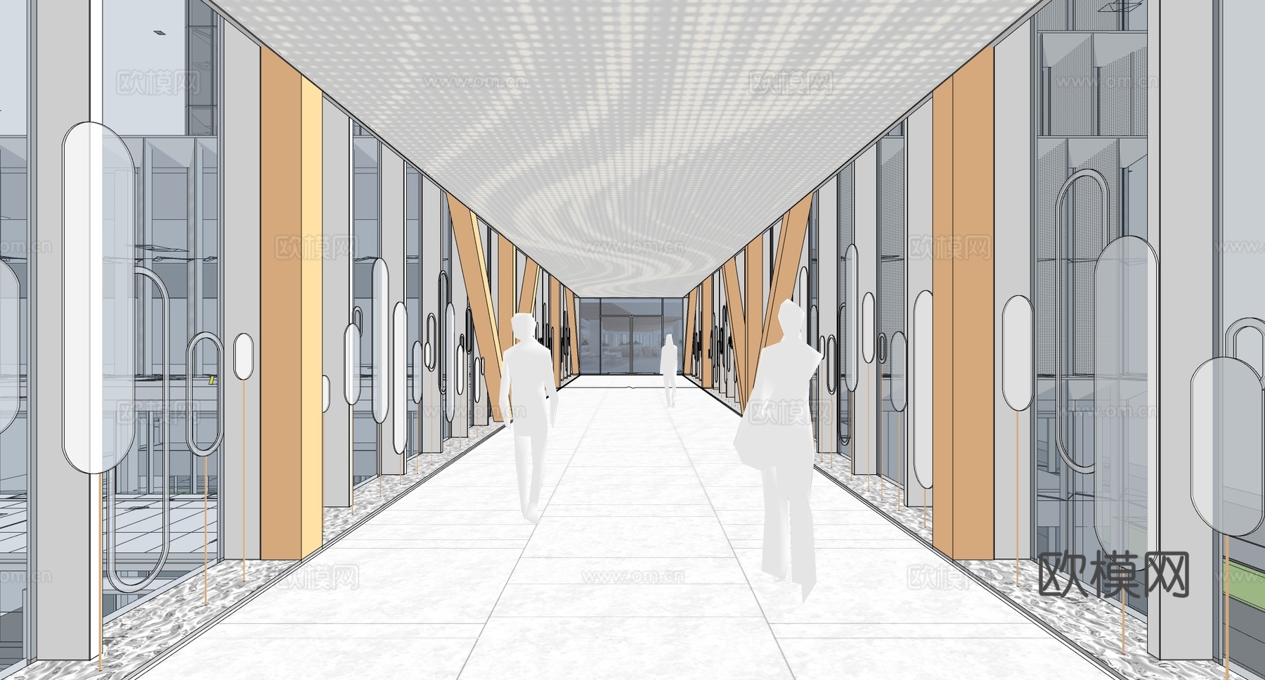 现代办公走廊 企业文化连廊 展示连廊 办公过道su模型下载（渲染图2）
