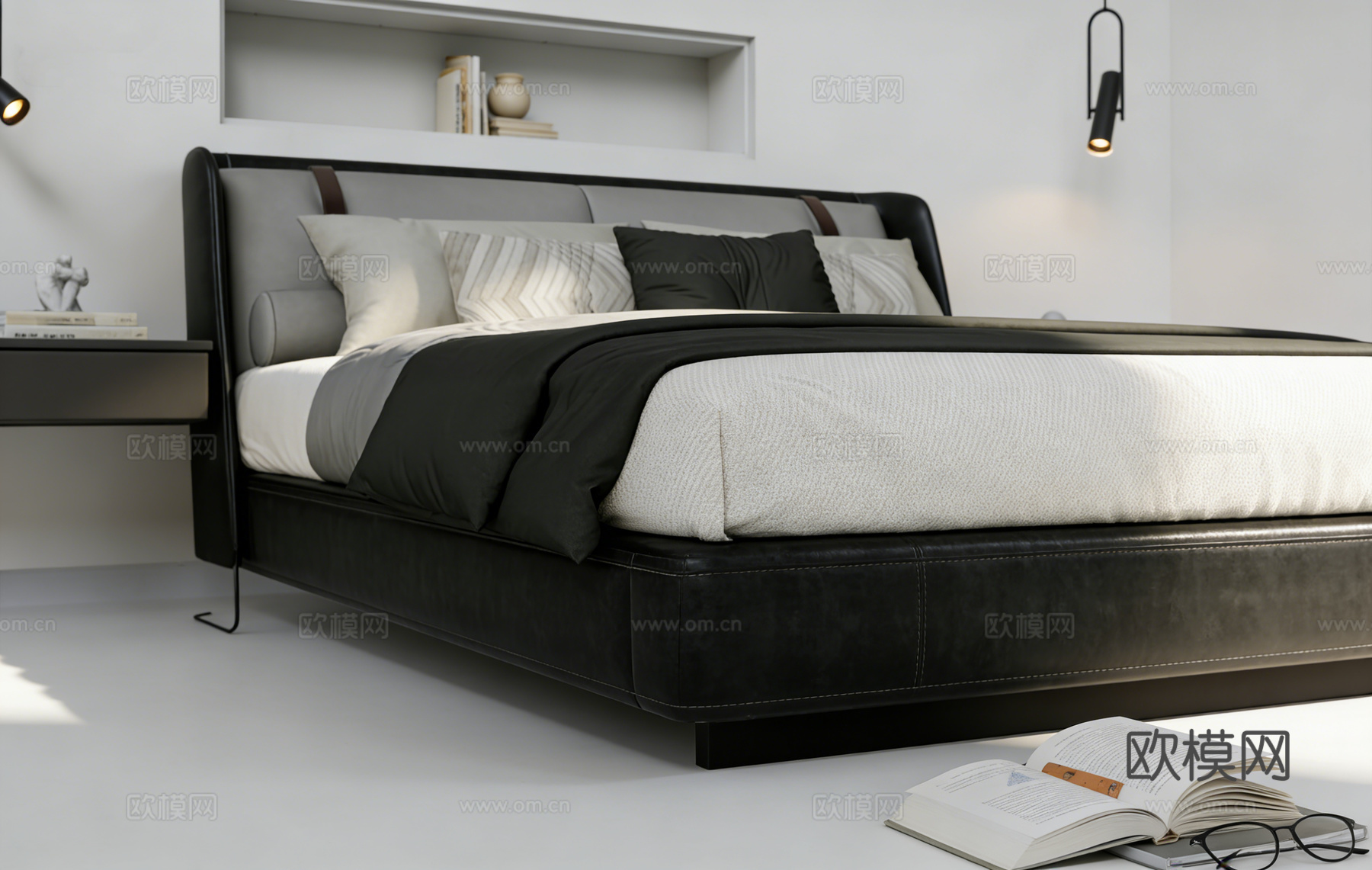 现代简约黑色皮质双人床 深灰色软包床头 黑色悬浮式床头柜su模型
