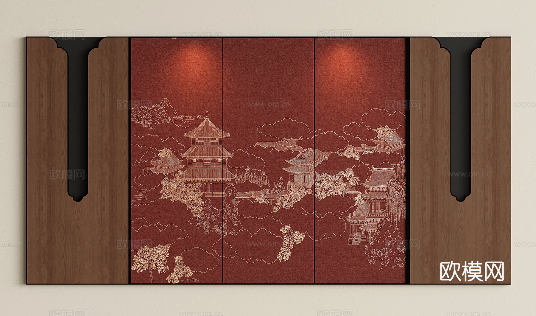 新中式沙发背景墙 楼阁故宫壁画背景墙 护墙板背景墙su模型下载（渲染图1）