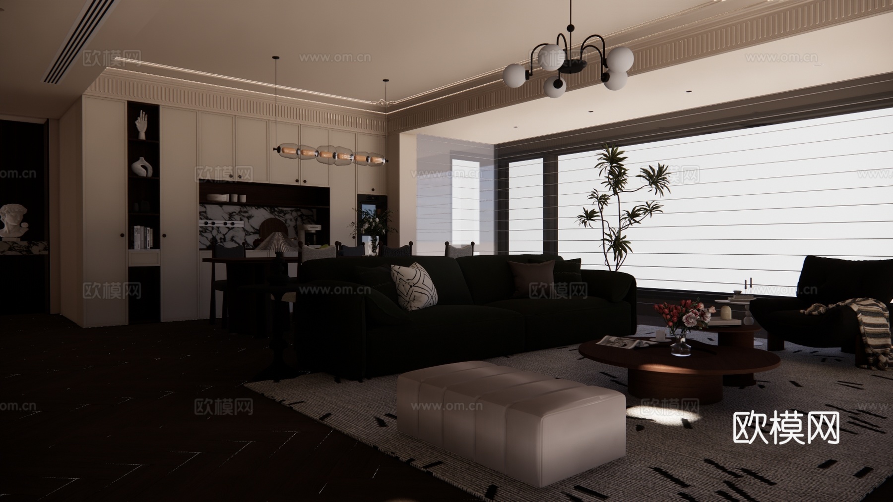 客餐厅 衣帽间 家装 客厅 阳台 茶室su模型下载（渲染图1）