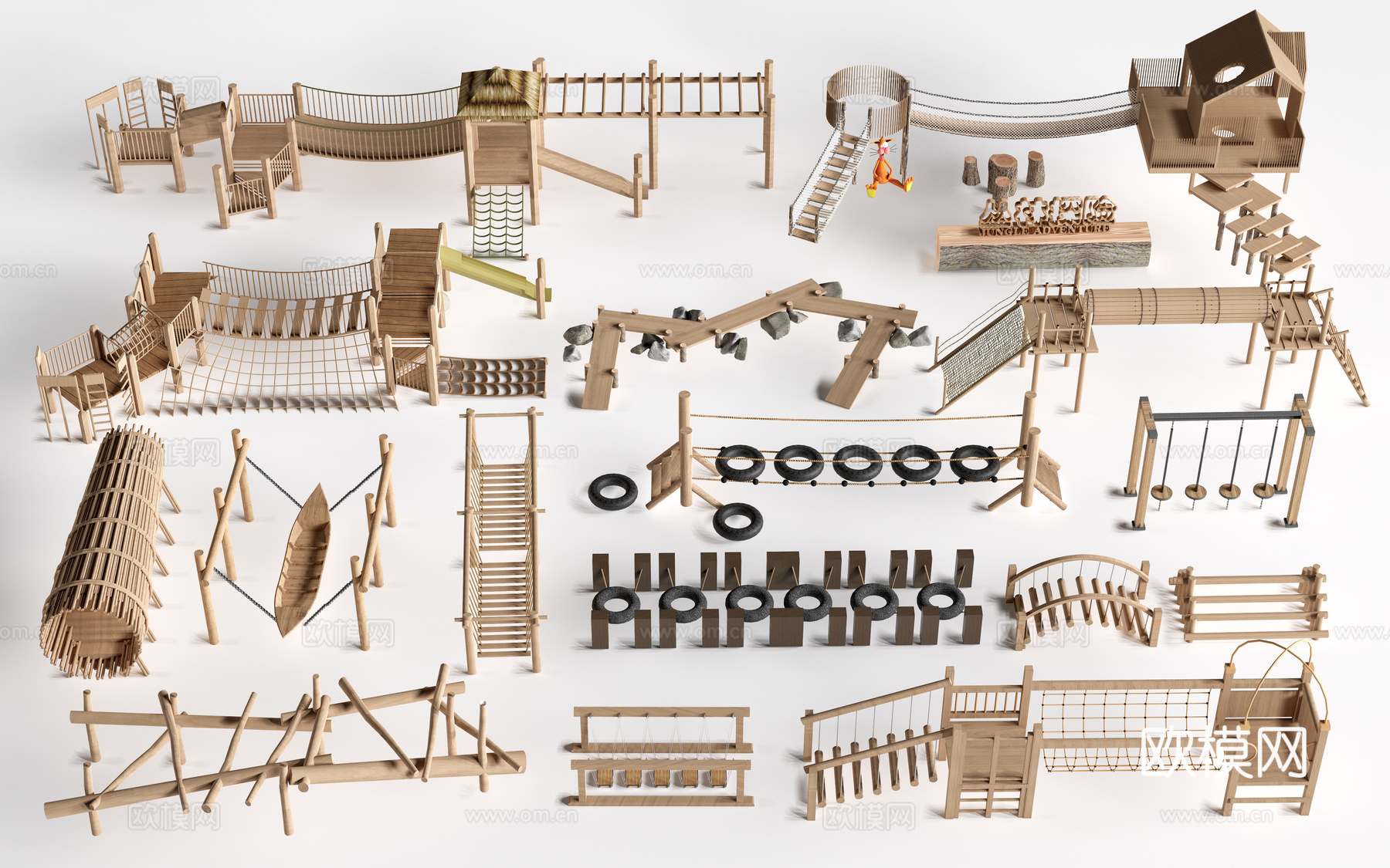 现代户外儿童游乐设施 无动力游乐设施 乡村研学游乐设施su模型