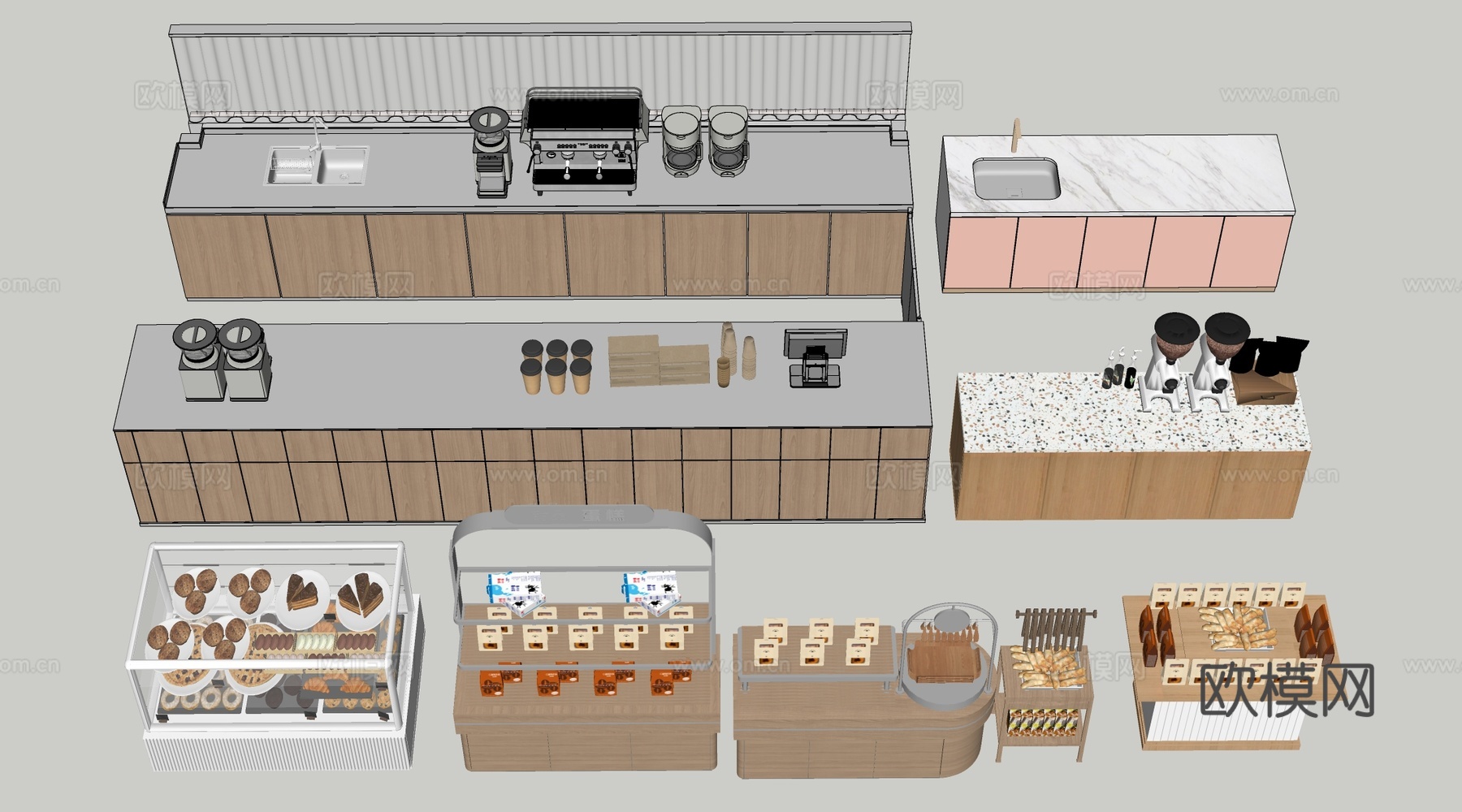 现代咖啡吧台 甜品店货架 收银台 服务台su模型