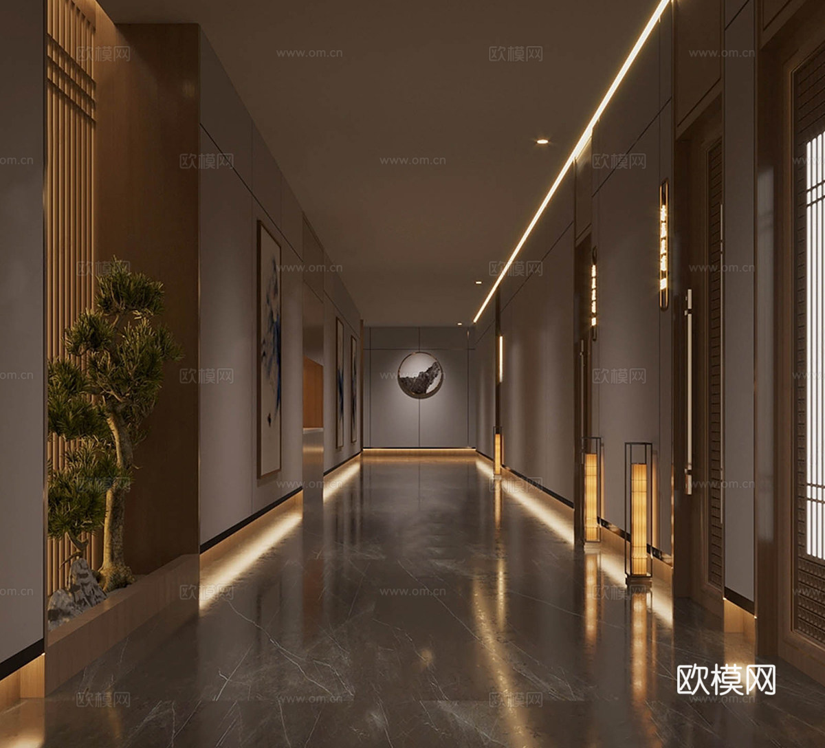 新中式酒店走廊 洗浴中心过道 洗浴中心过道su模型下载（渲染图1）