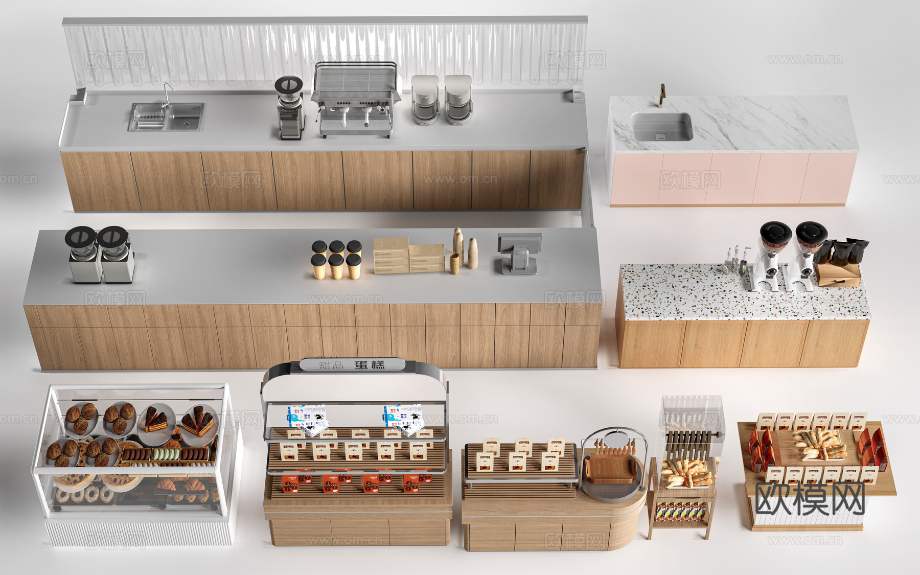 现代咖啡吧台 甜品店货架 收银台 服务台su模型