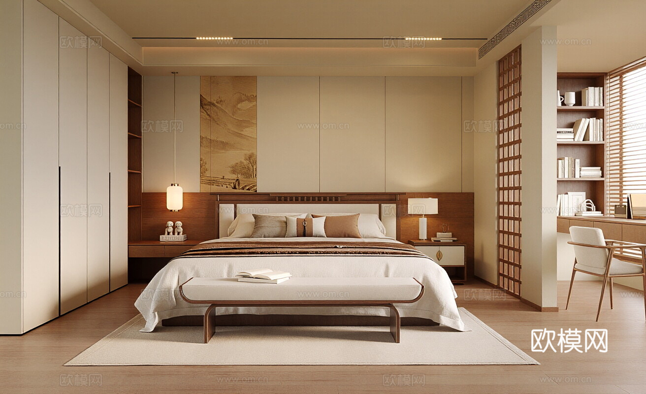 现代新中式家居卧室 双人床 花瓶 摆件 吊灯 衣柜3d模型
