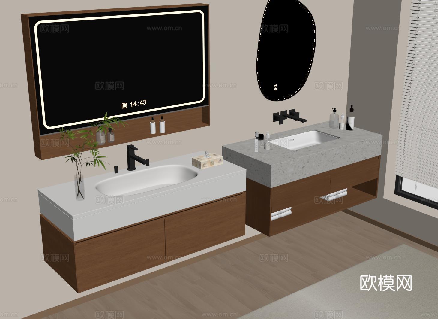 中古风浴室柜 现代洗手台 洗漱台su模型下载（渲染图2）