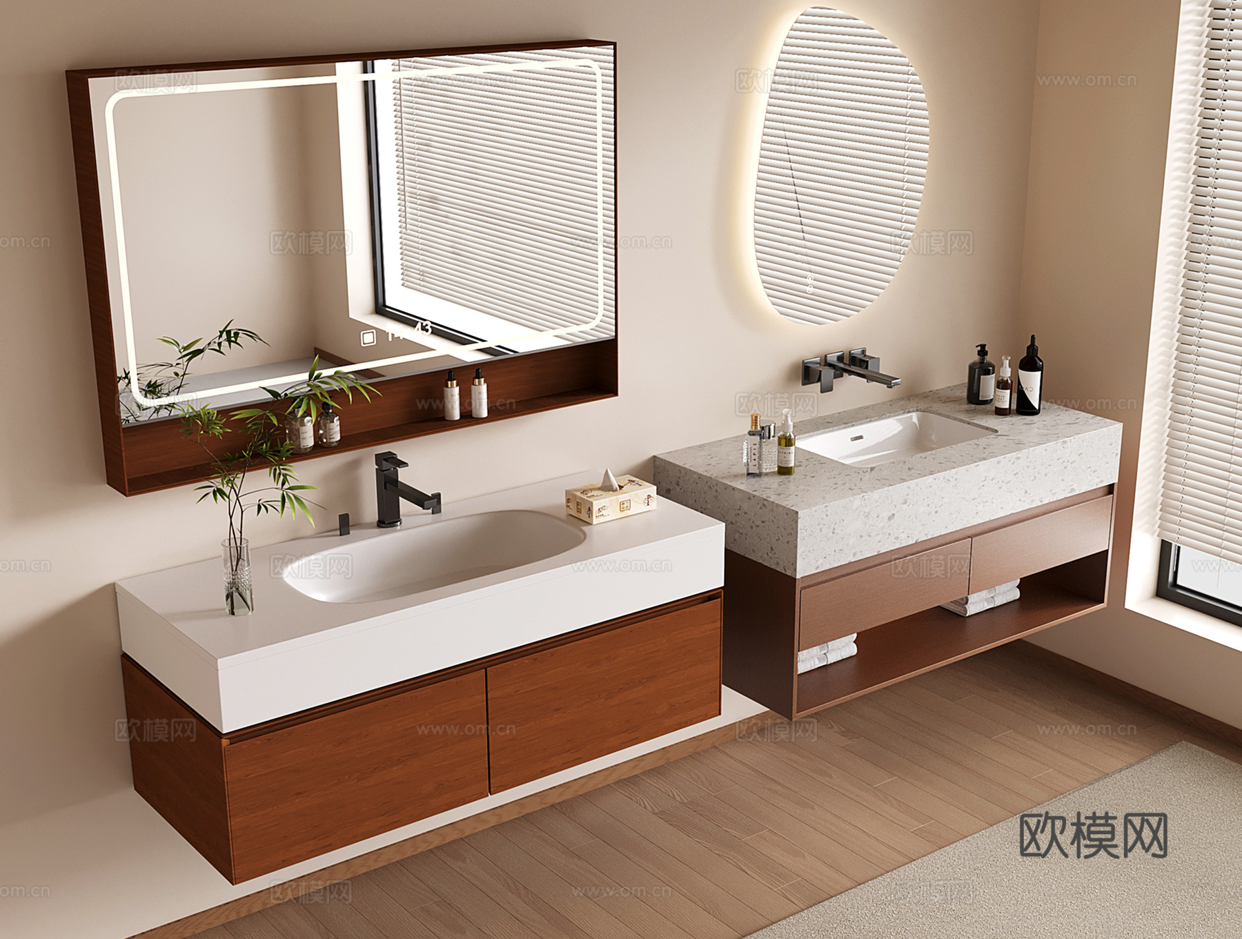 中古风浴室柜 现代洗手台 洗漱台su模型下载（渲染图1）