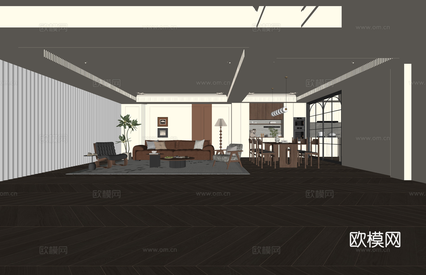 家装 卫生间 衣帽间 厨房 客厅 客餐厅 门窗su模型下载（渲染图2）