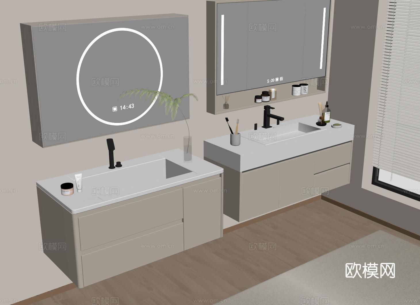 奶油风浴室柜 现代洗手台 洗漱台su模型下载（渲染图2）