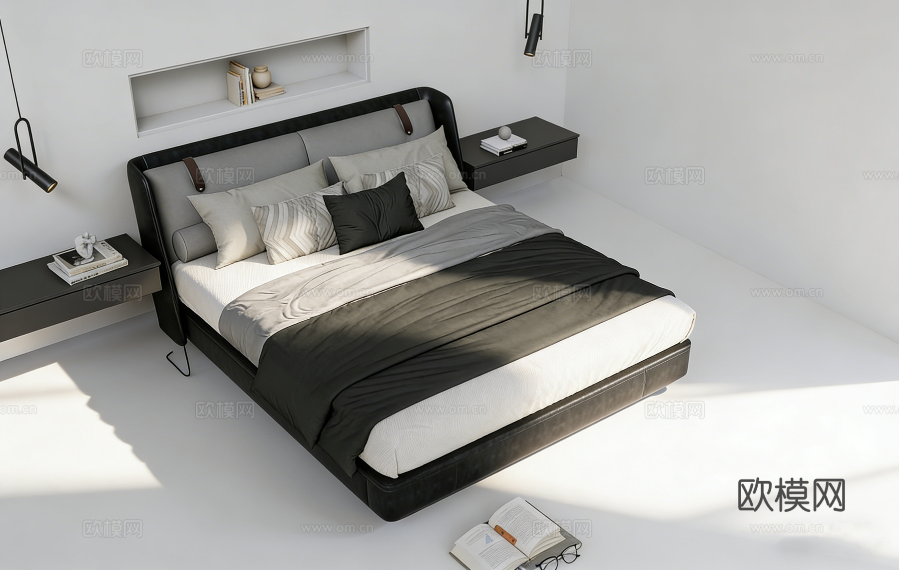 现代简约黑色皮质双人床 深灰色软包床头 黑色悬浮式床头柜su模型