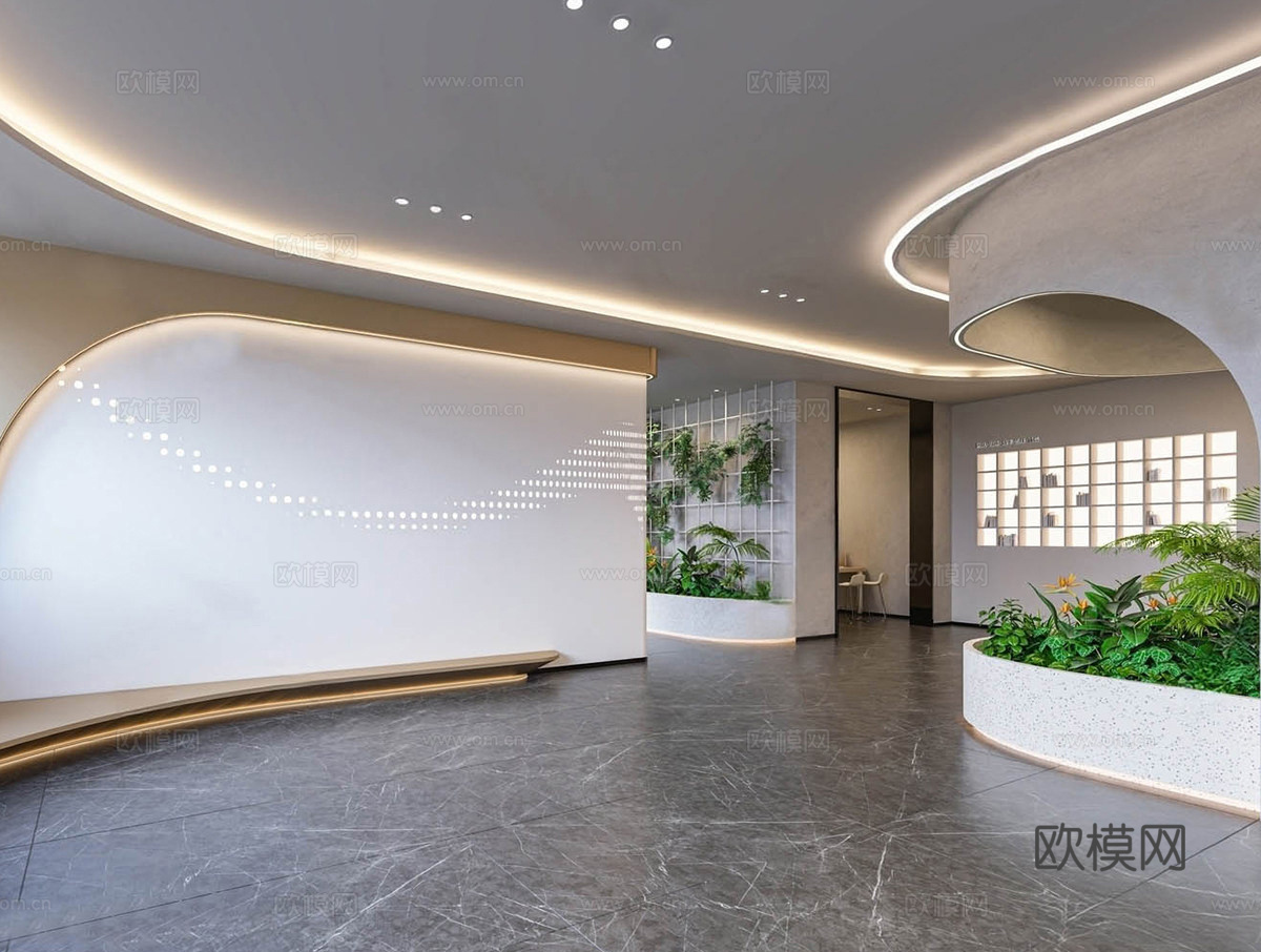 现代办公走廊 办公走廊大厅 办公公区su模型下载（渲染图1）
