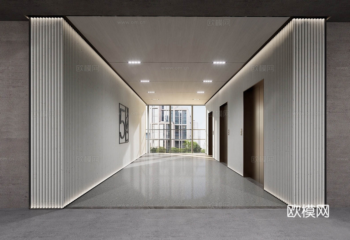 现代简约办公走廊 现代电梯间 走廊过道su模型