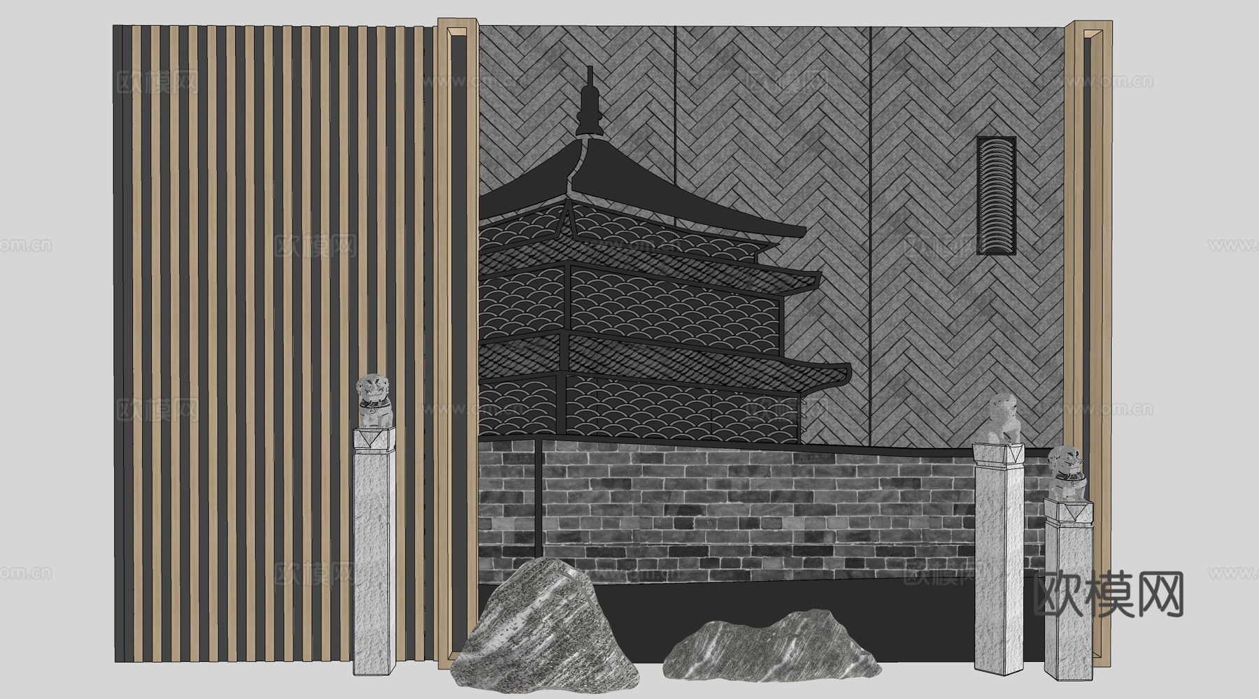 新中式背景墙 文化墙 瓦片背景墙 前台背景墙 形象墙su模型下载（渲染图2）