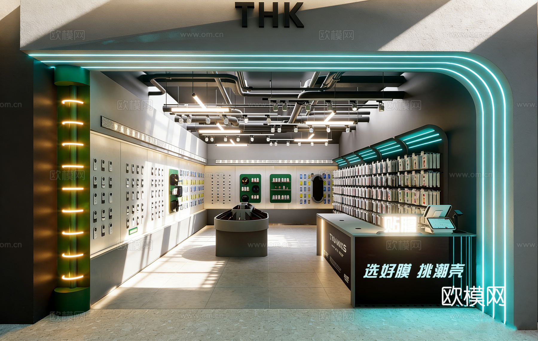 现代科技感手机数码配件店 展架收银台 商店道具 饰品店手机店su模型下载（渲染图1）