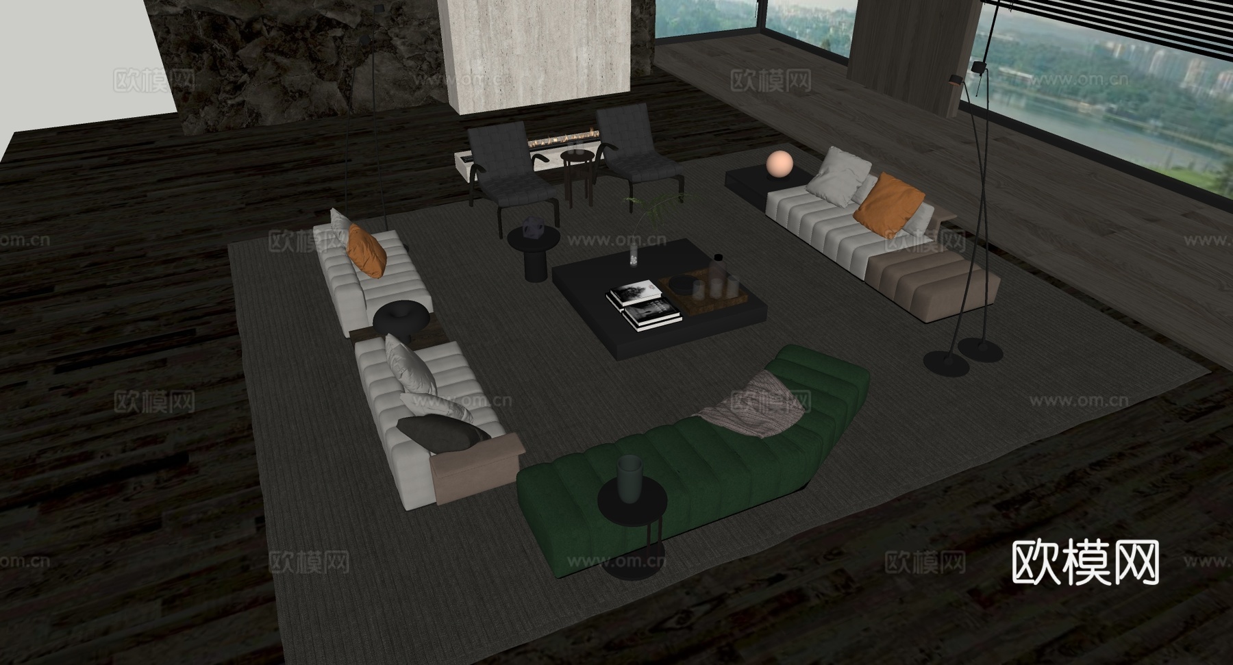 意式轻奢布艺沙发组合 亮橙色抱枕  ins风 沙发抱枕 色彩su模型下载（渲染图4）