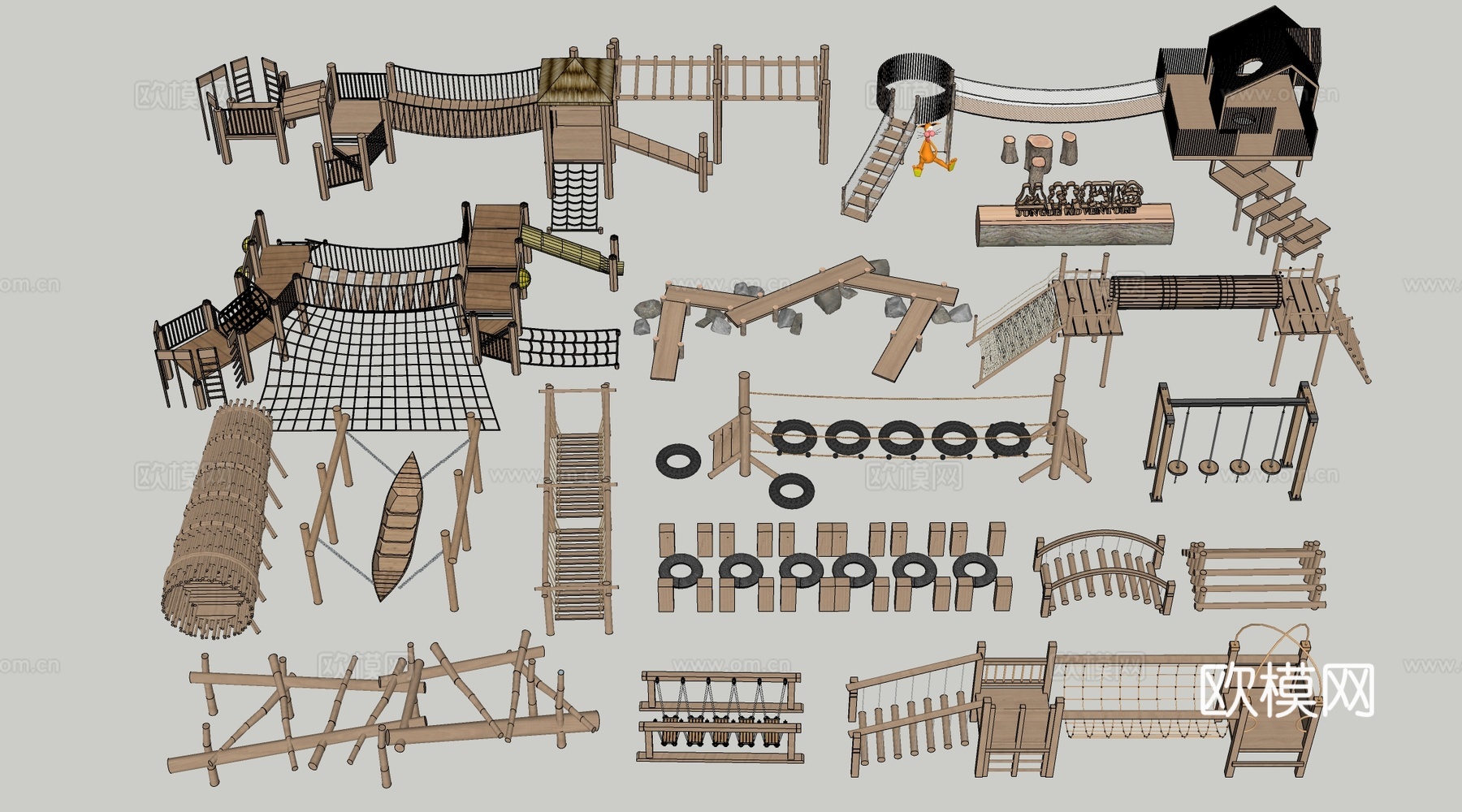 现代户外儿童游乐设施 无动力游乐设施 乡村研学游乐设施su模型