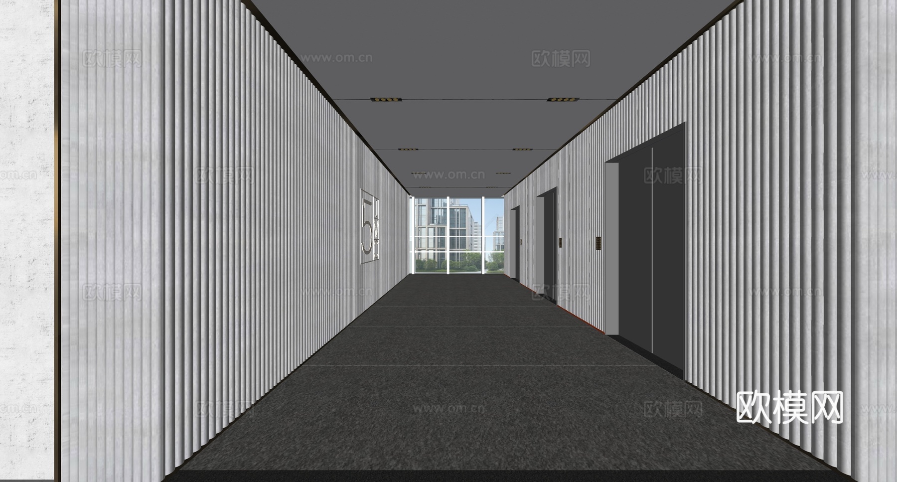 现代简约办公走廊 现代电梯间 走廊过道su模型