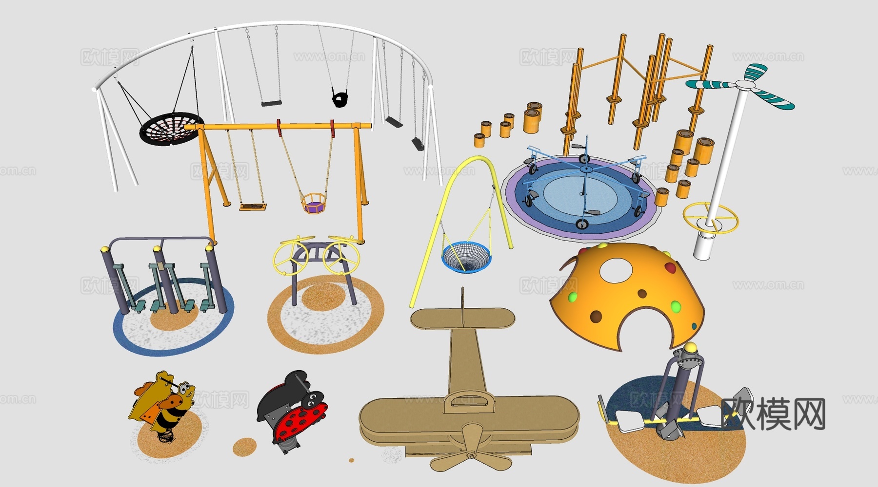 现代儿童游乐器材 户外秋千 儿童游乐设施su模型下载（渲染图2）