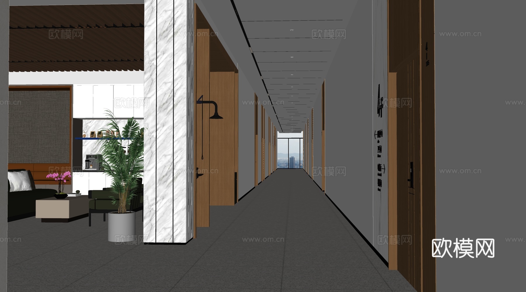 现代办公走廊 办公走道 办公公区su模型下载（渲染图2）