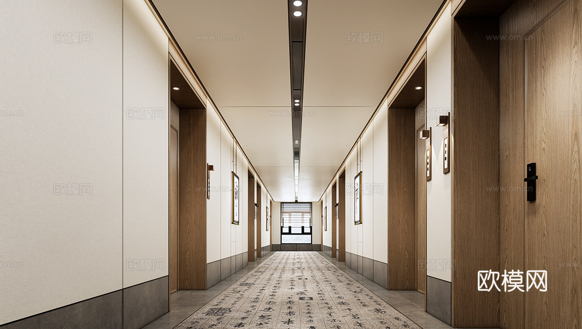 新中式现代酒店走廊  酒店过道su模型su模型下载（渲染图1）