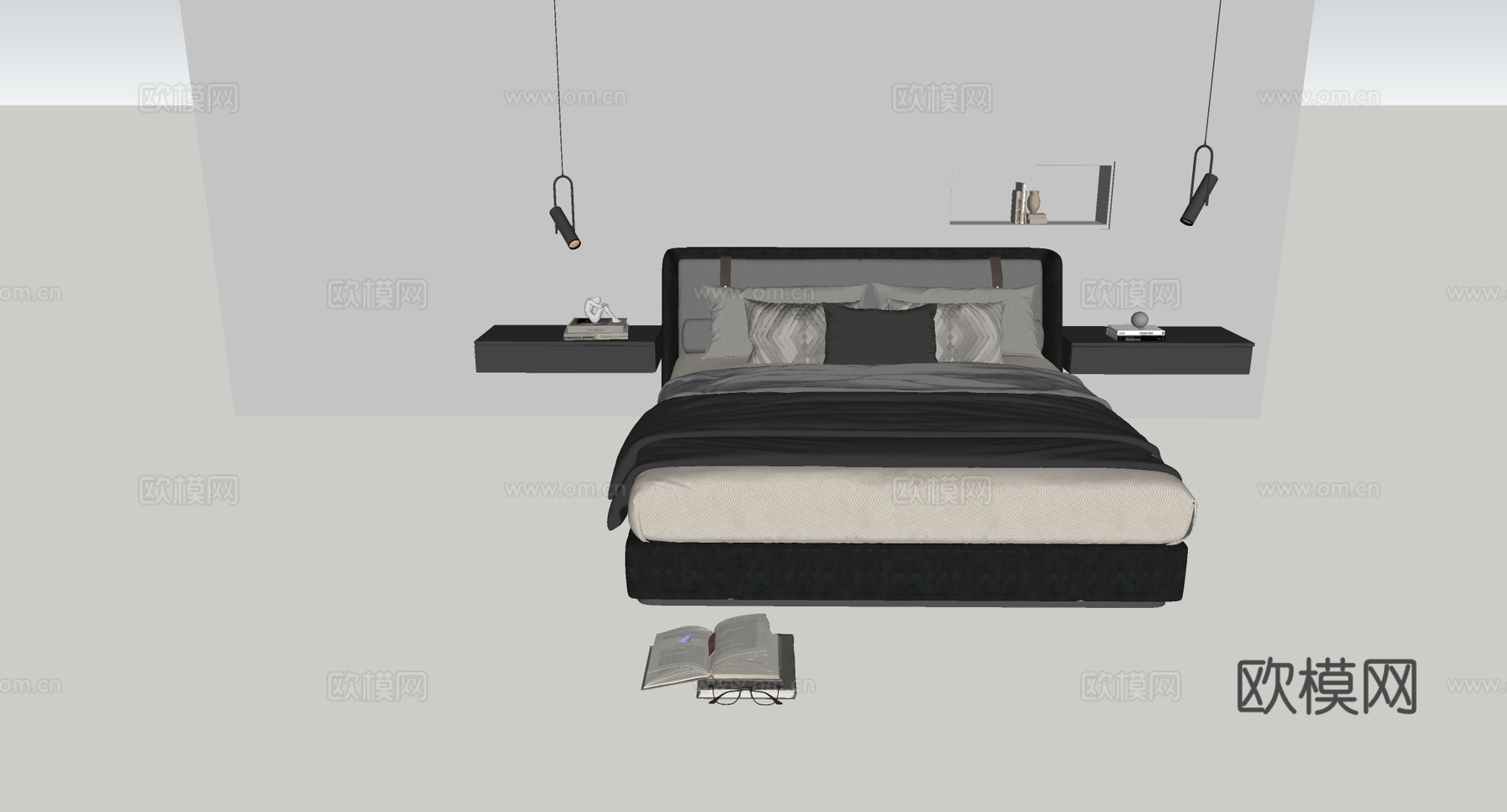 现代简约黑色皮质双人床 深灰色软包床头 黑色悬浮式床头柜su模型