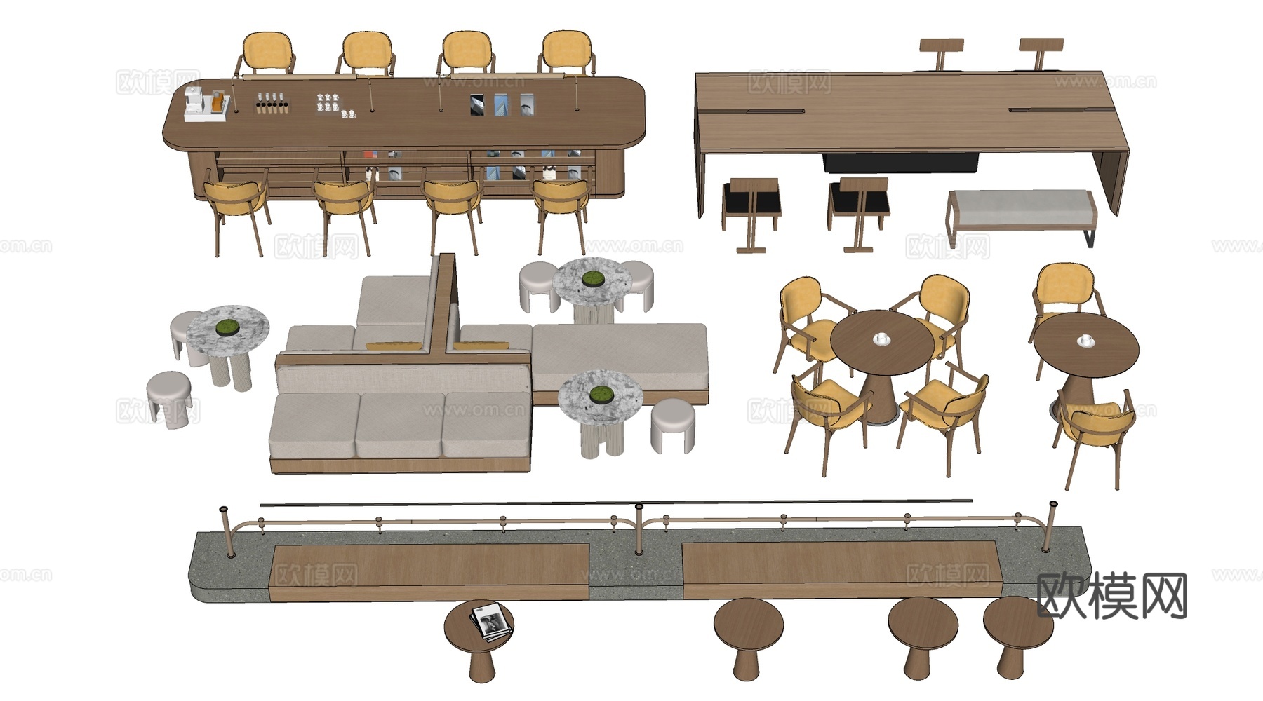 现代休闲桌椅 休闲沙发 洽谈区桌椅 阅读桌椅su模型下载（渲染图2）
