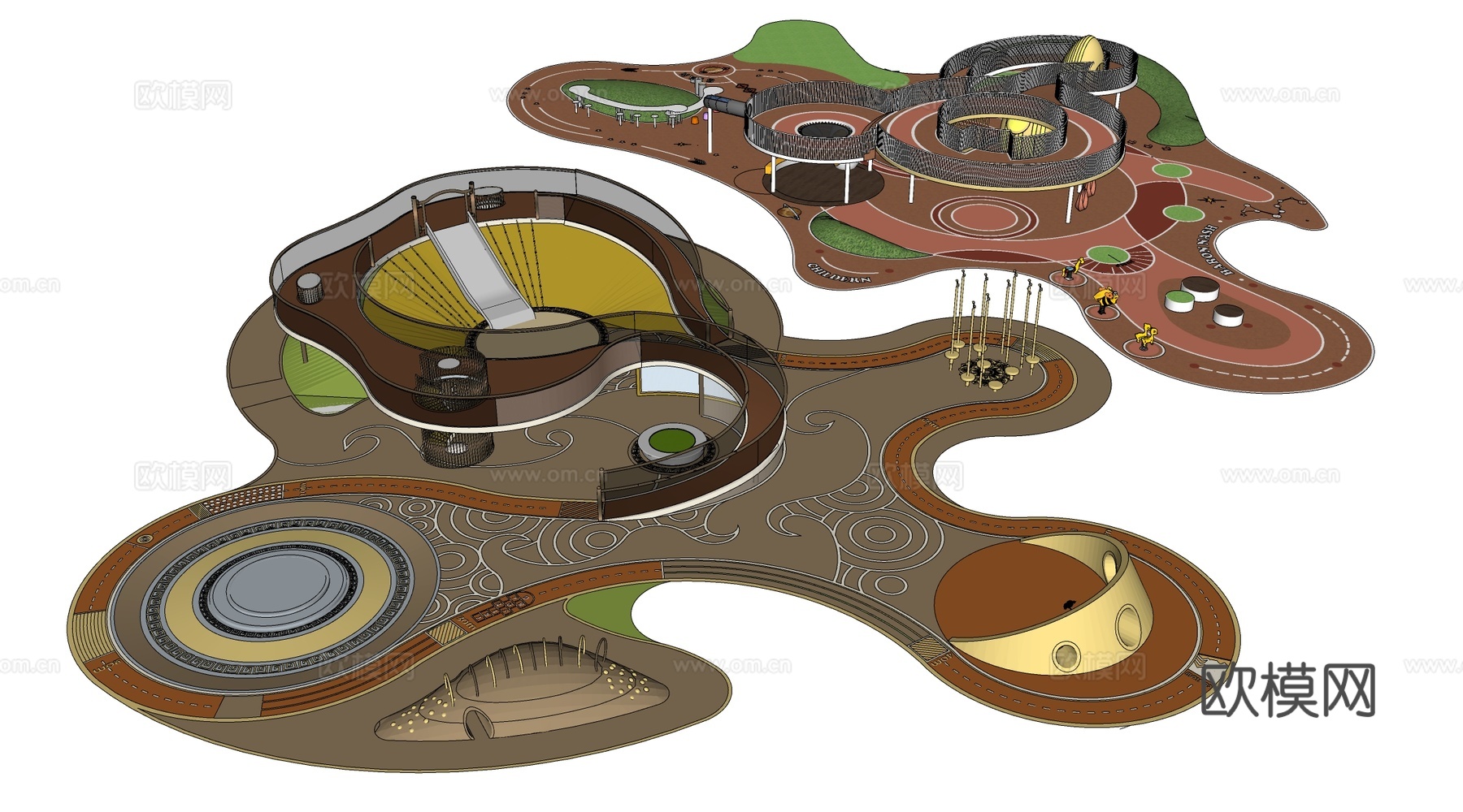 现代户外儿童游乐区 户外儿童游乐场 儿童塑胶场地su模型下载（渲染图2）