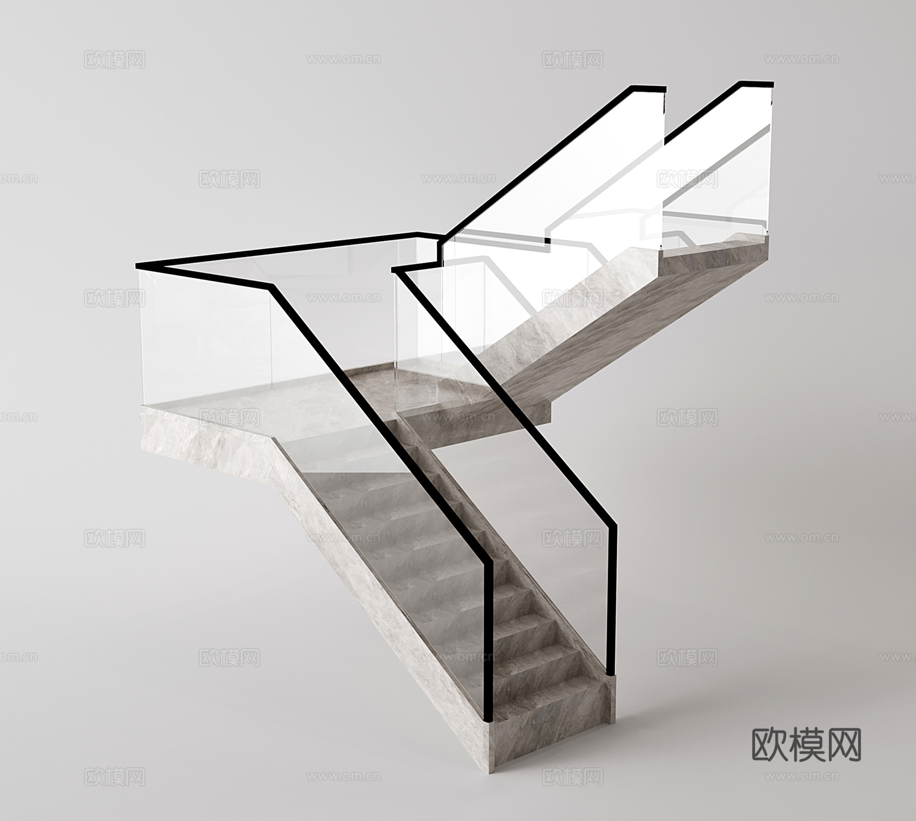 现代转折楼梯 剪刀楼梯 大理石楼梯 玻璃扶手su模型su模型