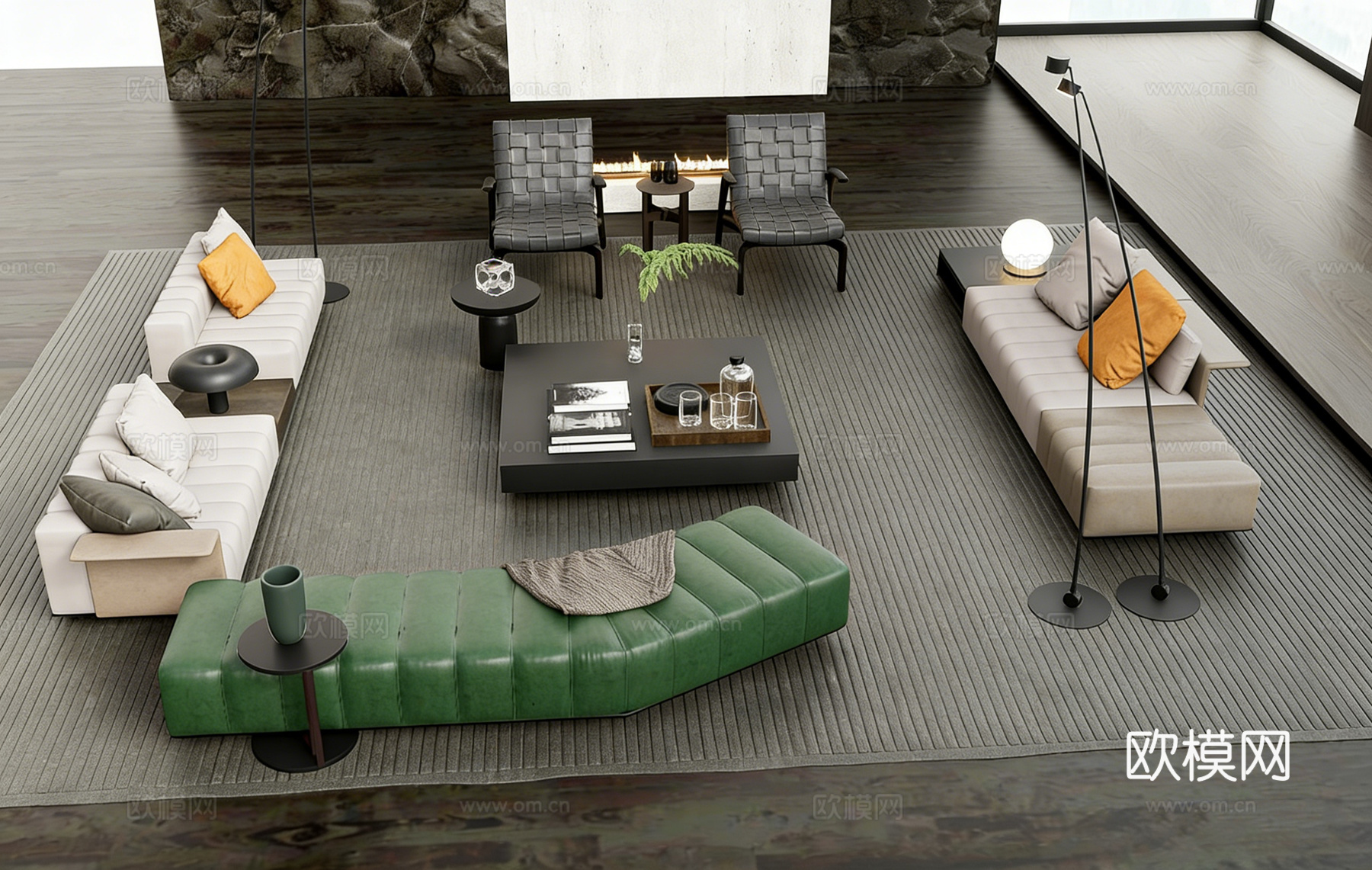 意式轻奢布艺沙发组合 亮橙色抱枕  ins风 沙发抱枕 色彩su模型下载（渲染图2）