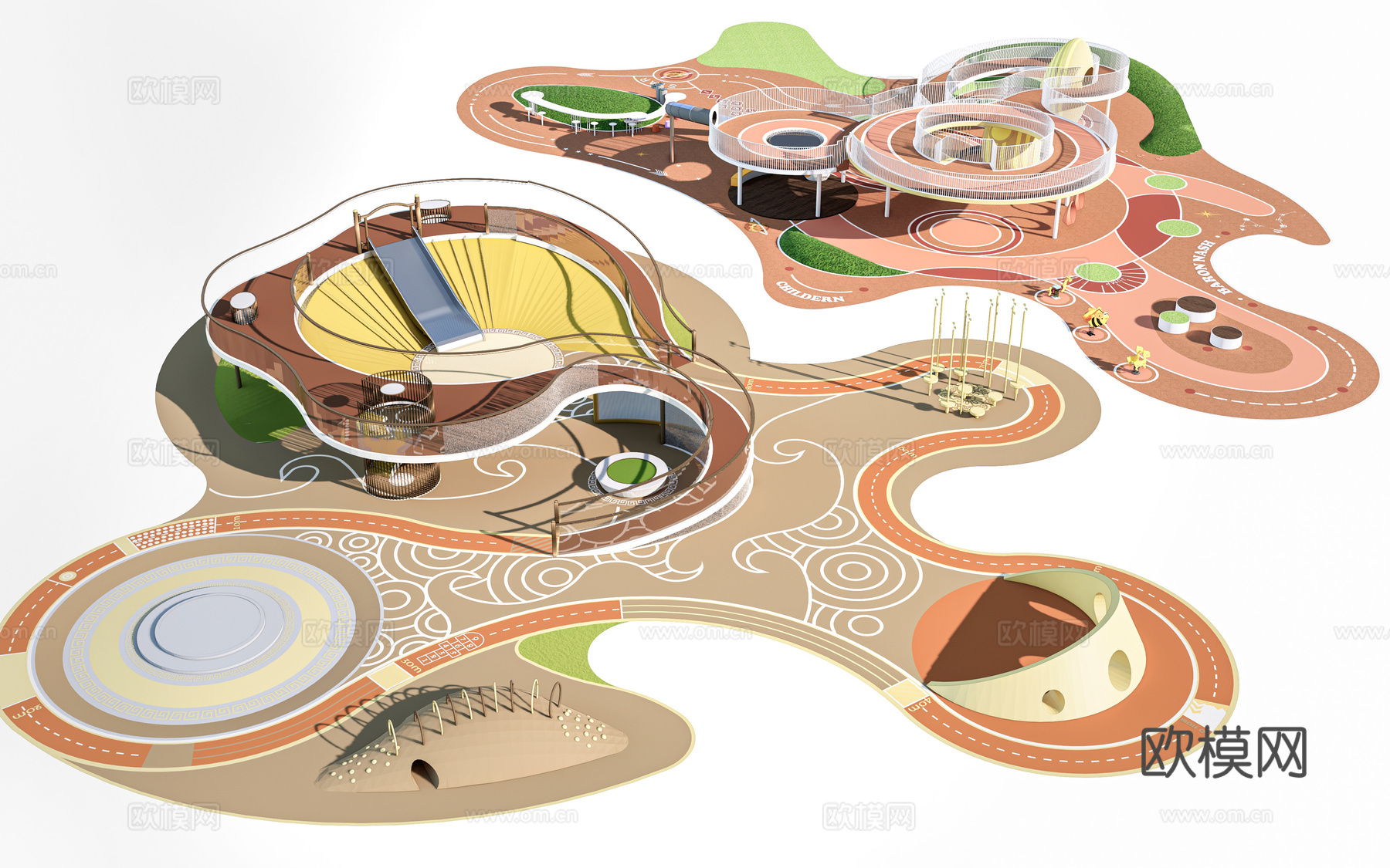 现代户外儿童游乐区 户外儿童游乐场 儿童塑胶场地su模型下载（渲染图1）