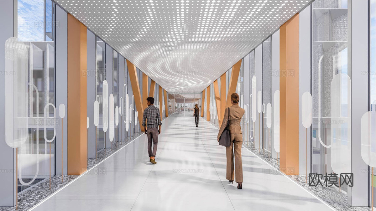 现代办公走廊 企业文化连廊 展示连廊 办公过道su模型下载（渲染图1）