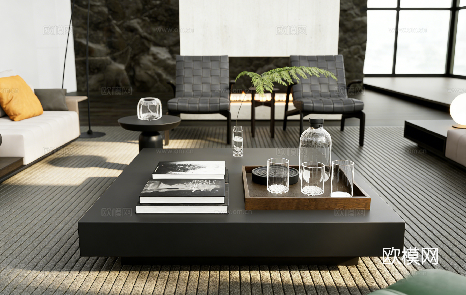 意式轻奢布艺沙发组合 亮橙色抱枕  ins风 沙发抱枕 色彩su模型下载（渲染图3）