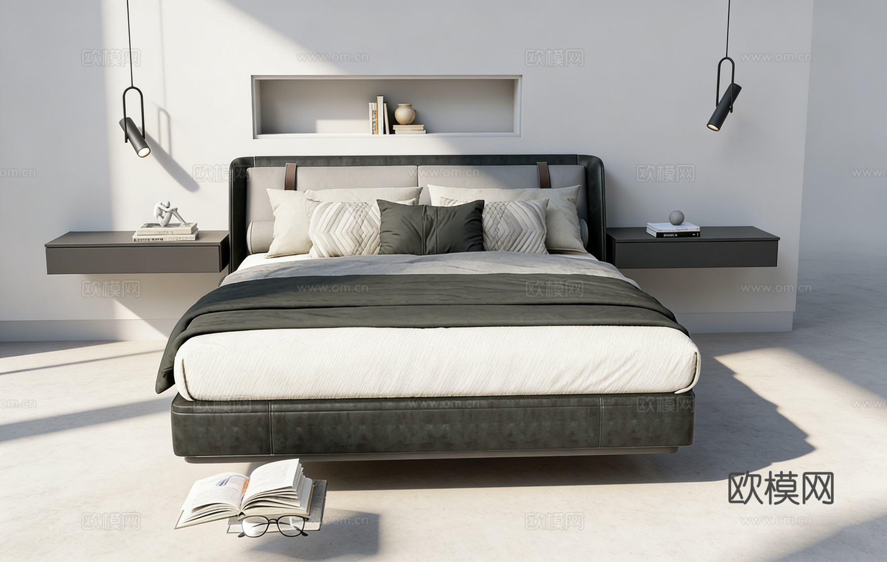 现代简约黑色皮质双人床 深灰色软包床头 黑色悬浮式床头柜su模型
