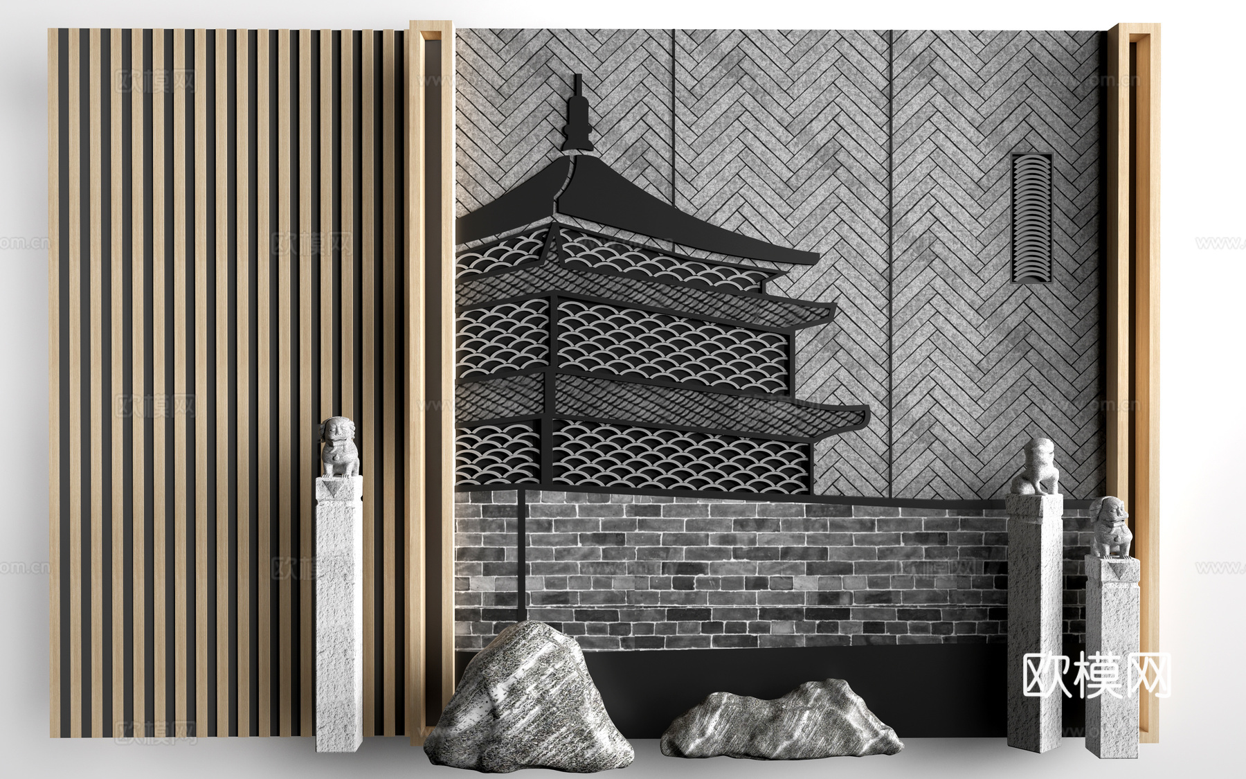 新中式背景墙 文化墙 瓦片背景墙 前台背景墙 形象墙su模型下载（渲染图1）