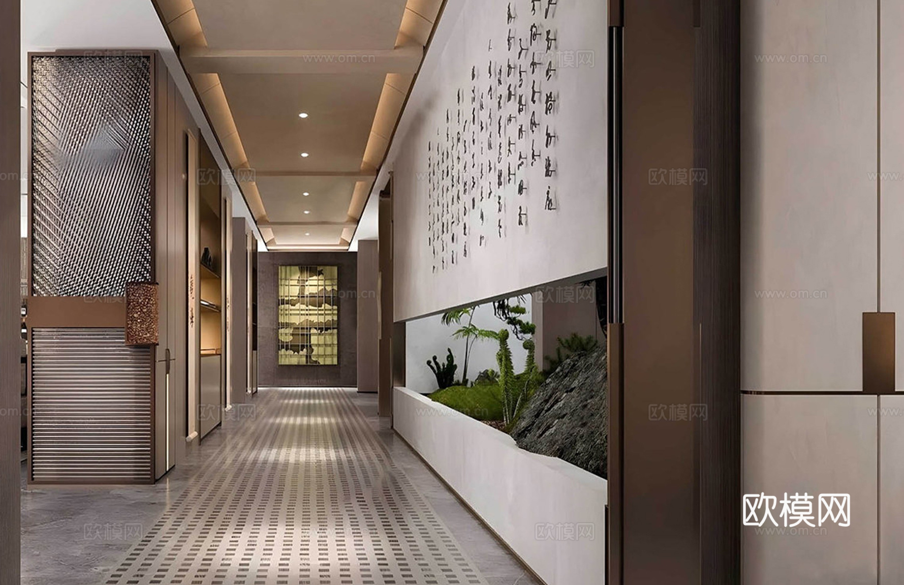 新中式酒店走廊 洗浴中心过道 酒店足浴过道su模型下载（渲染图1）