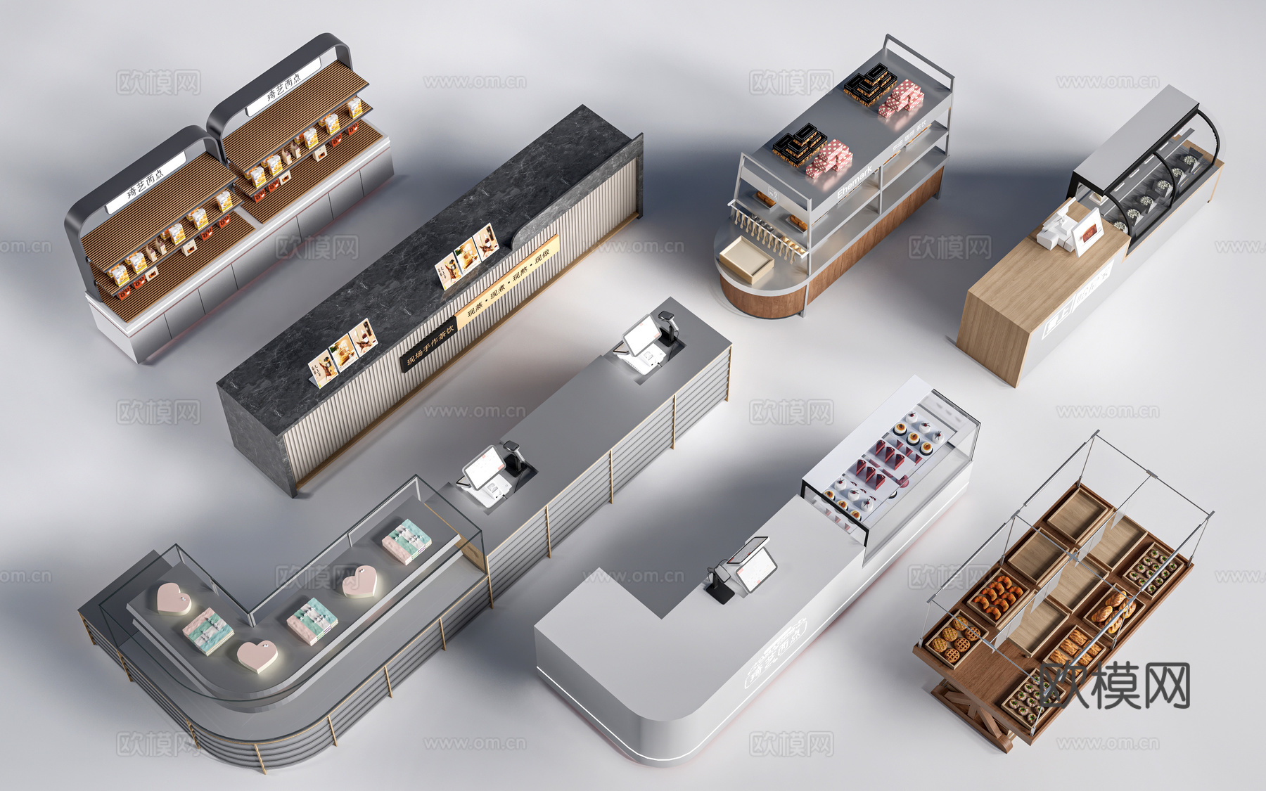 现代咖啡吧台 甜品店货架 收银台 服务台su模型