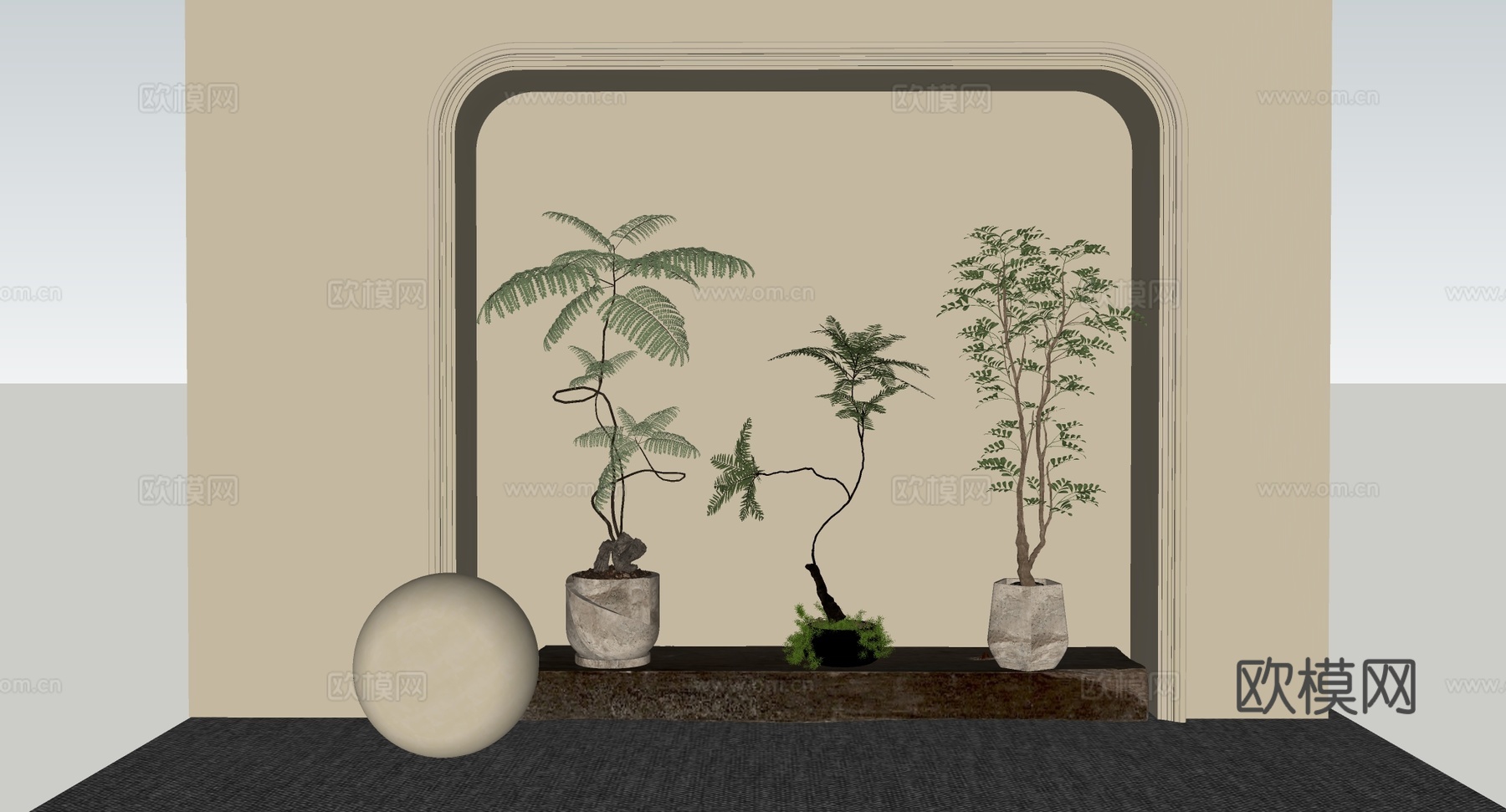 侘寂风日式简约盆栽绿植 木质台 多款陶盆蕨类 植物造景 拱形su模型下载（渲染图4）