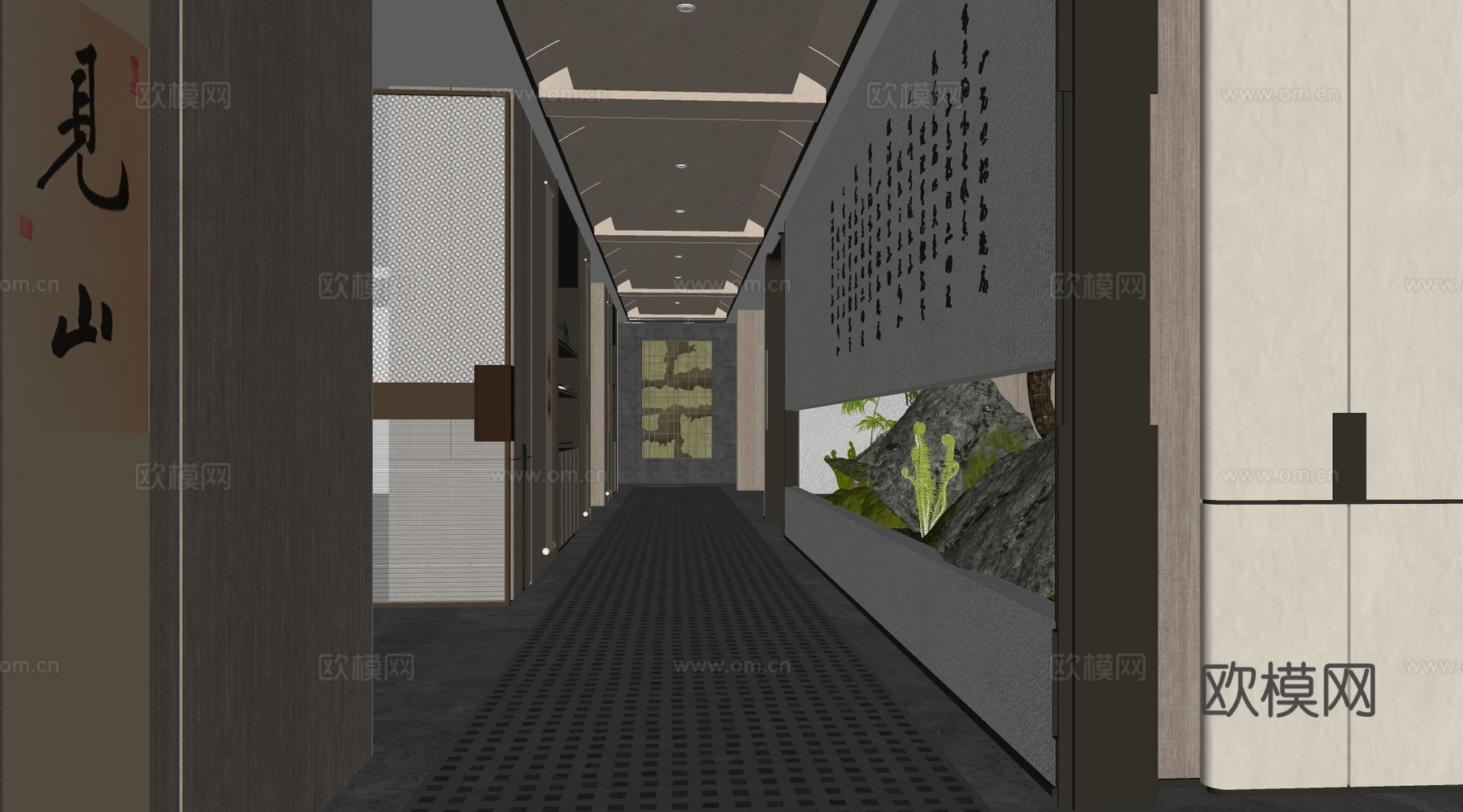 新中式酒店走廊 洗浴中心过道 酒店足浴过道su模型下载（渲染图2）