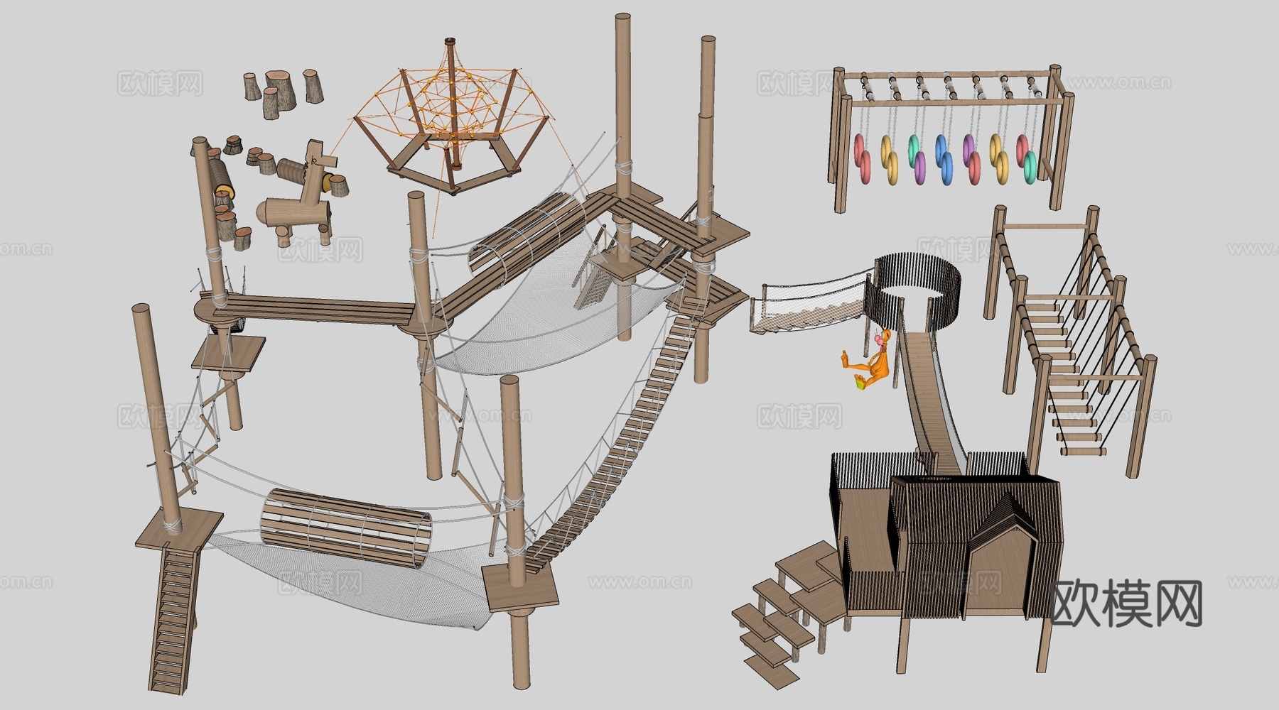 现代户外儿童游乐设施 无动力游乐设施 乡村研学游乐设施su模型