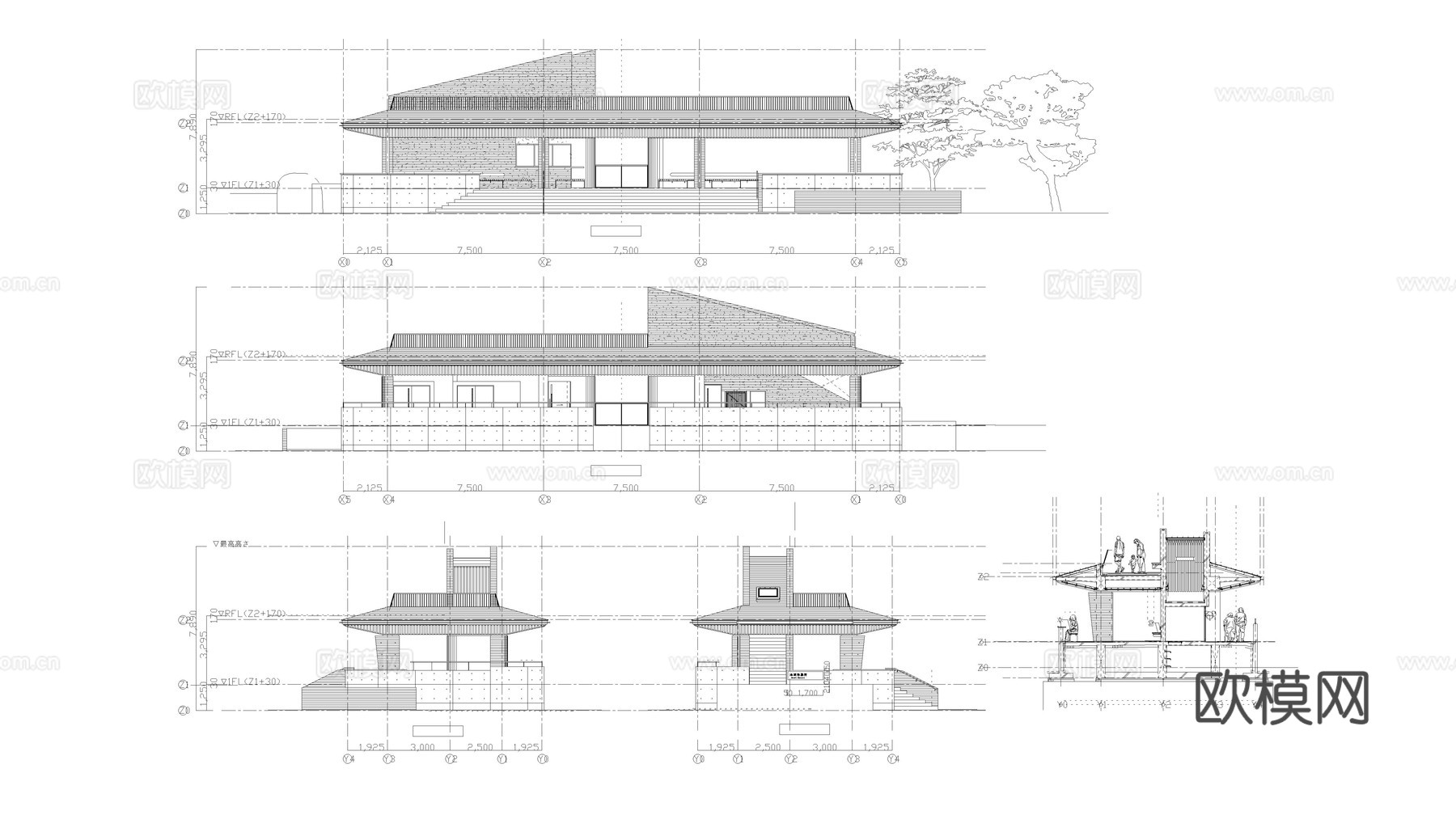 公园亭子立面图纸cad施工图下载