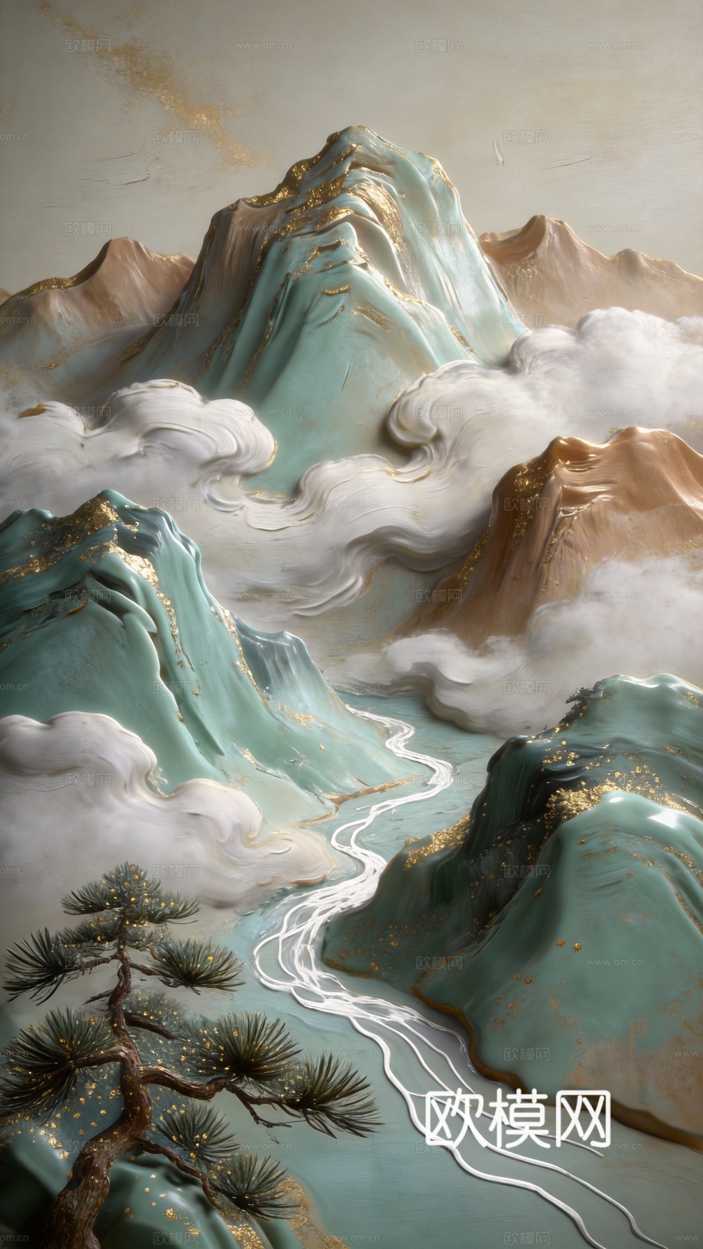 新中式立体山水浮雕墙面下载