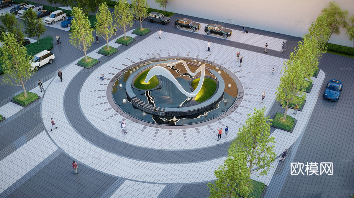 现代简约水景 喷泉雕塑 跌水叠水 镜面水景雕塑su模型下载（渲染图1）