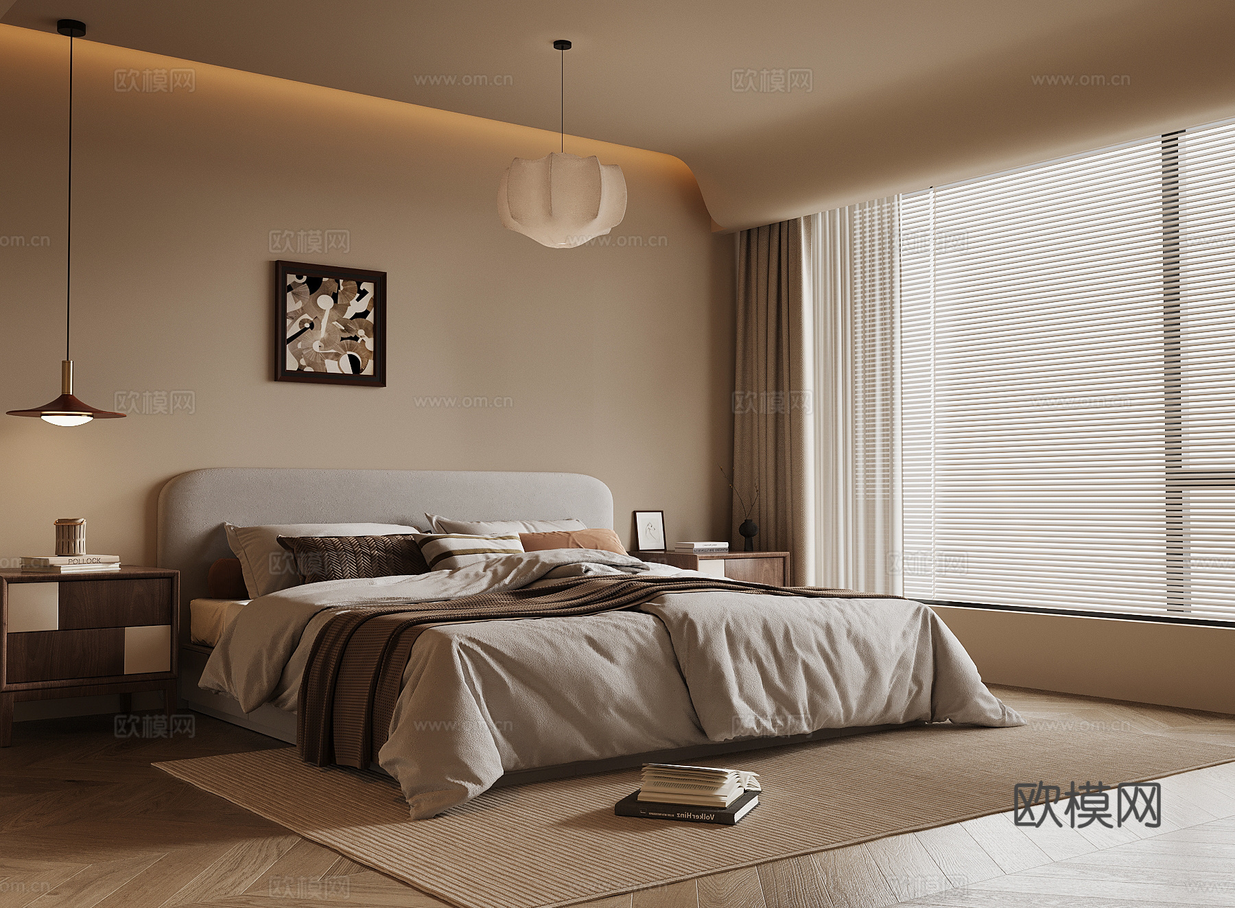 中古风卧室 双人床 床头柜su模型