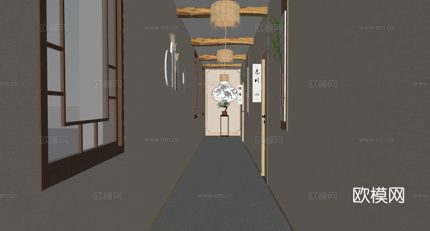 新中式酒店玄关过道 酒店走廊su模型