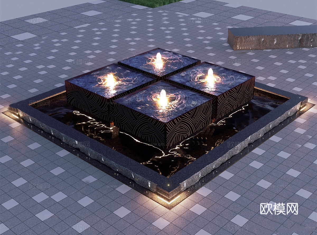现代水景 水景小品 景观小品 置石跌水喷泉su模型下载（渲染图1）