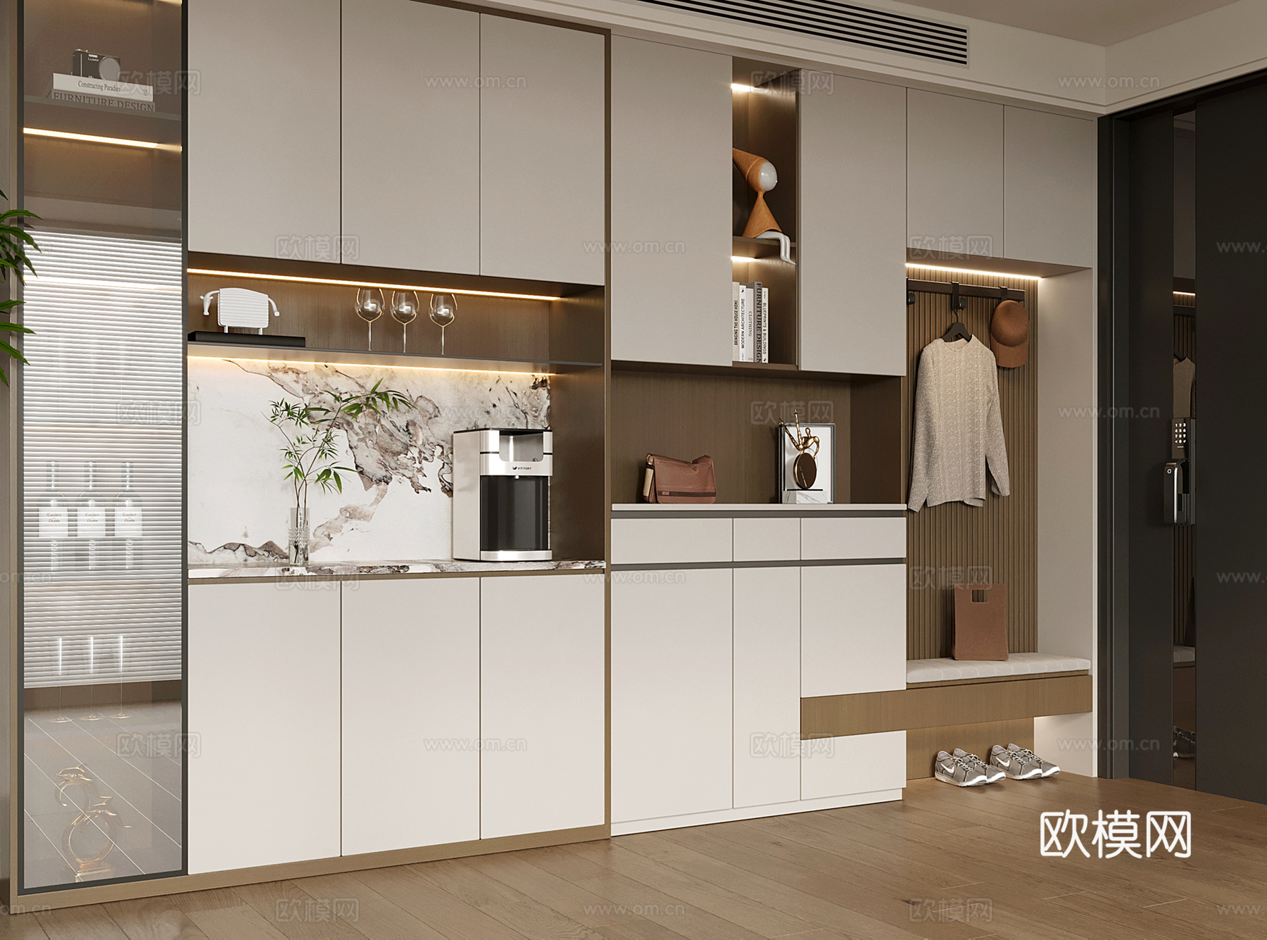 现代入户鞋柜酒柜一体柜 餐边柜 鞋柜 装饰柜su模型下载（渲染图2）