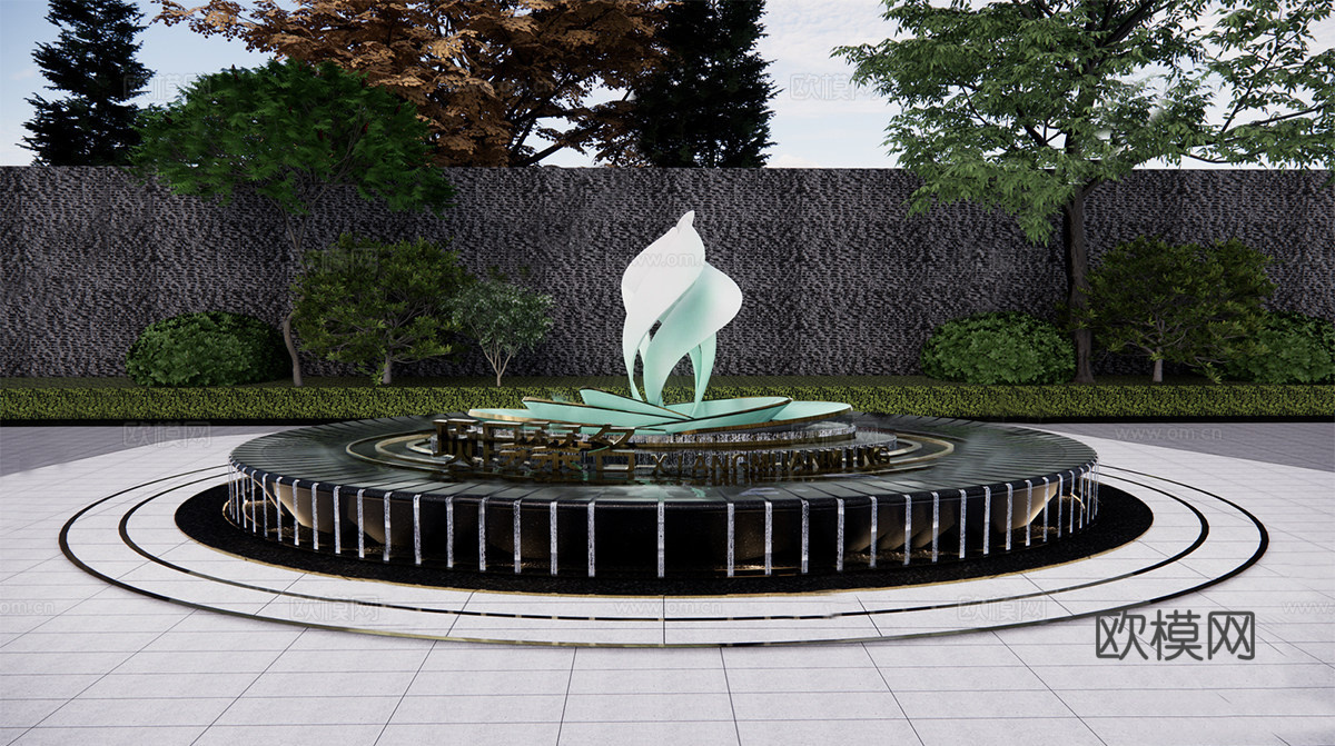 现代圆形镜面水景 喷泉景观喷泉su模型下载（渲染图1）