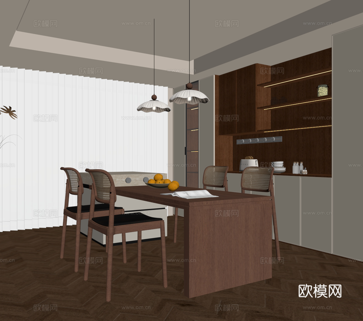 中古风餐厅 餐桌椅 岛台 酒柜su模型